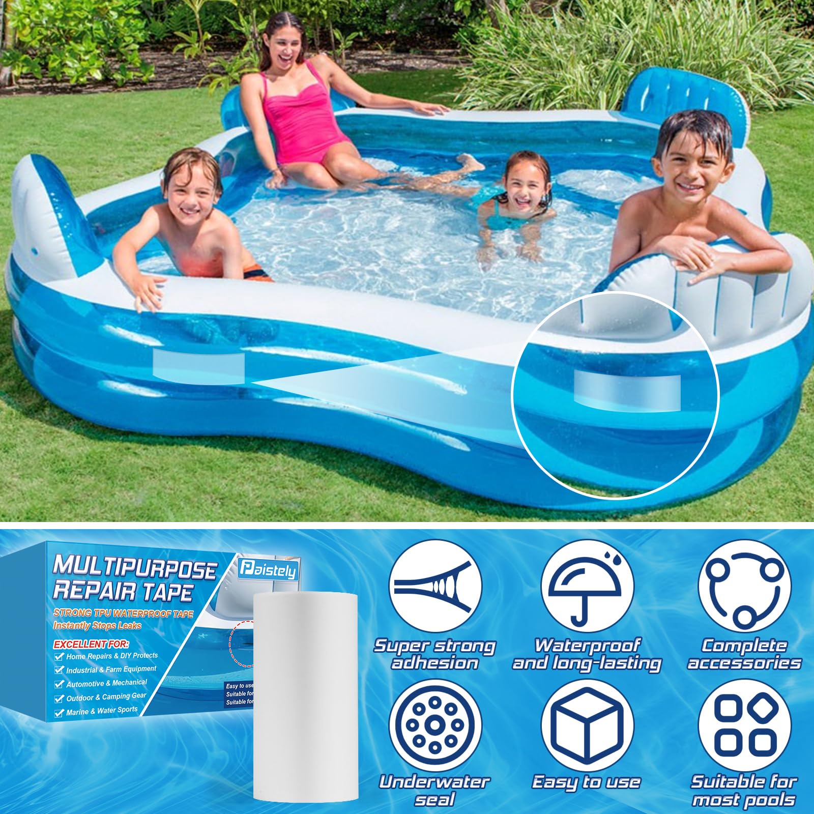 4 in x 7 ft Roll Air Mattress & Pool Patch Repair Kit - Heavy Duty Underwater Adhesive for Inflatable Toys, Swimming Pools, Bounce Houses, Tents, Floats - Perfect for Quick Leak Fixes at Home, Camping or Pool Parties