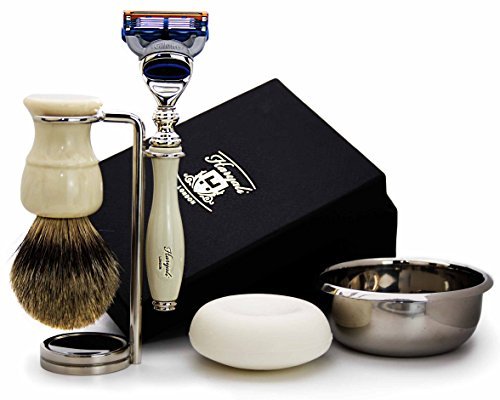 Premium 5-Piece Men's Shaving Kit - Silver Tip Badger Hair Brush, 5-Blade Razor, Stand, Soap & Stainless Steel Bowl - Perfect Gift for Wet Shaving Enthusiasts & Grooming Essentials for Home or Travel
