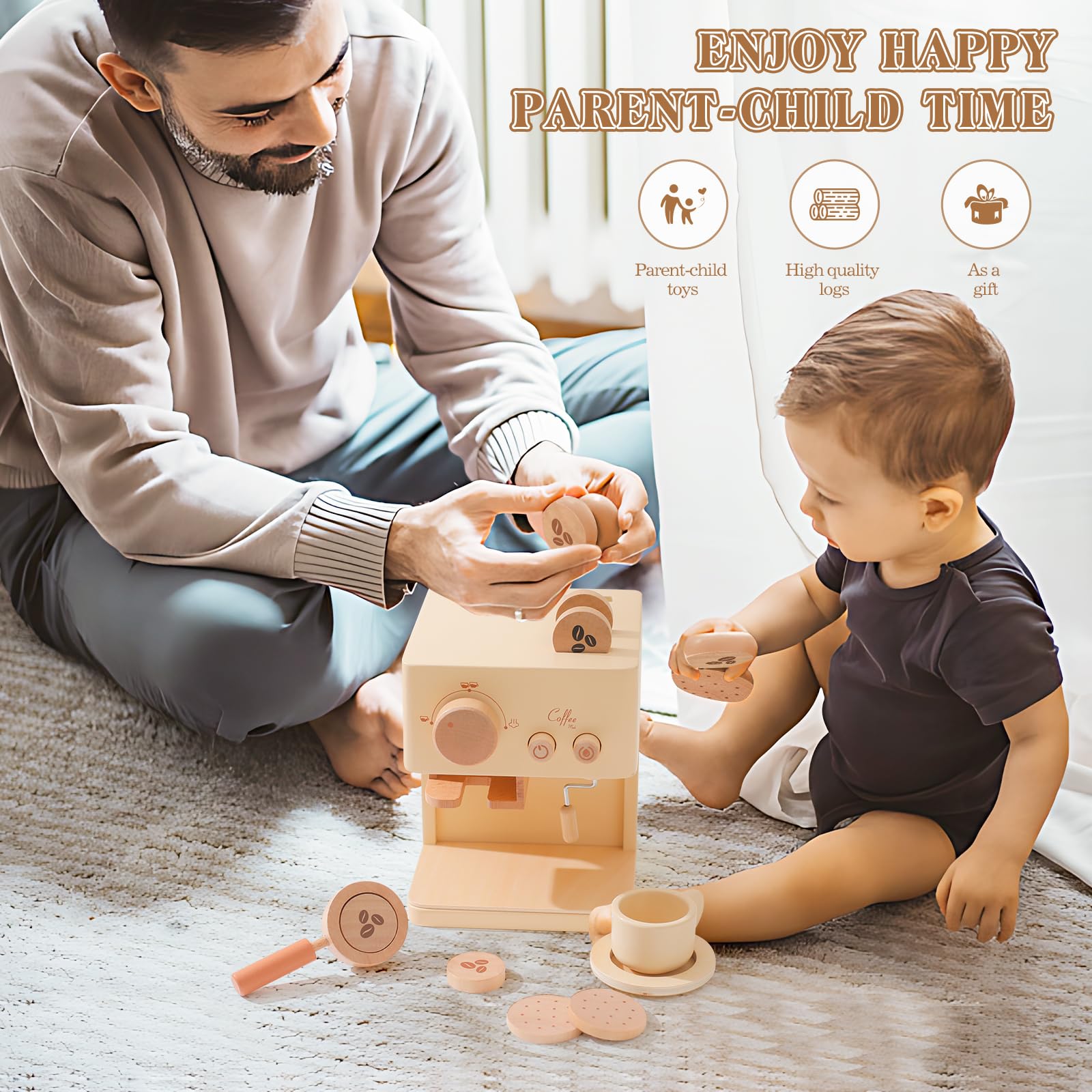ibwaae Kids Coffee Maker Toy Set - 10Pcs Wooden Pretend Play Kitchen Accessories with Play Food for Toddlers | Pretend Barista & Cooking Role Play for Boys & Girls | Perfect for Birthday Gifts & Early Learning Development