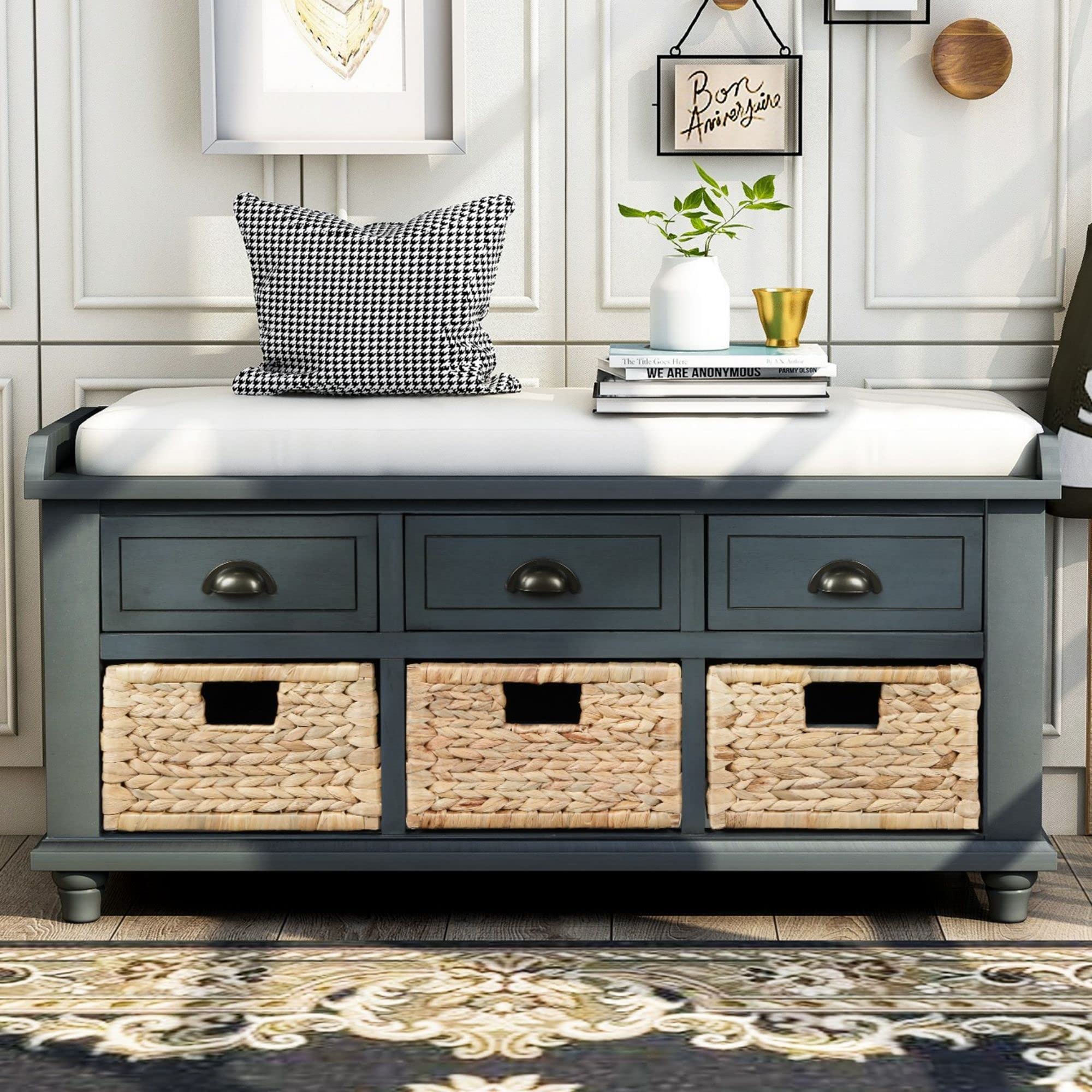 HABITRIO Wooden Storage Bench with Removable Cushion - 3 Drawers & 3 Baskets Shoe Organizer - Multi-Functional Entryway Bench for Bedroom, Living Room, Hallway - Perfect for Shoes, Blankets & Home Decor (Antique Navy)