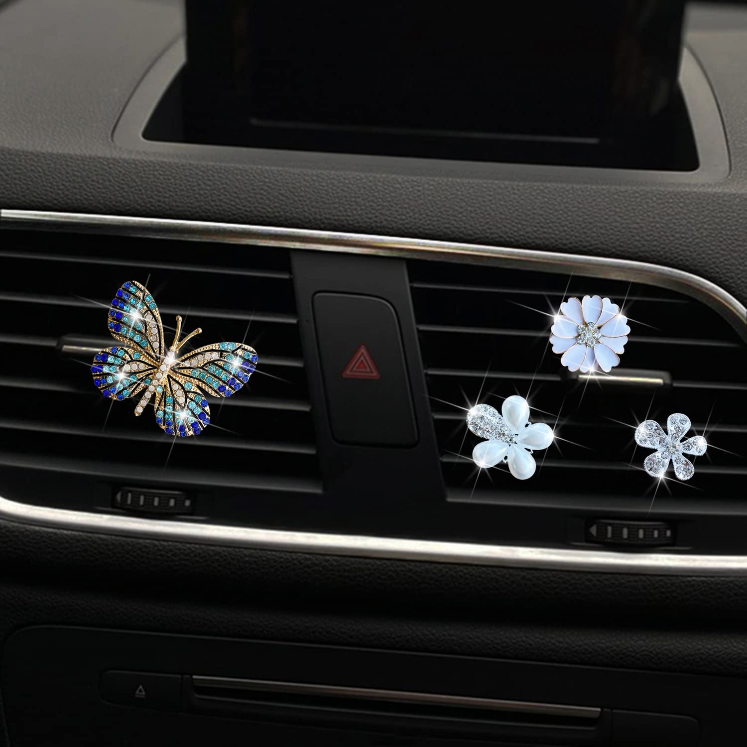 4PCS Blue Butterfly Car Air Freshener Vent Clips - Diamond Decor Daisy Flower Car Diffuser for Women | Elegant Car Interior Accessories | Perfect for Sedan, SUV & Office Desk Decor