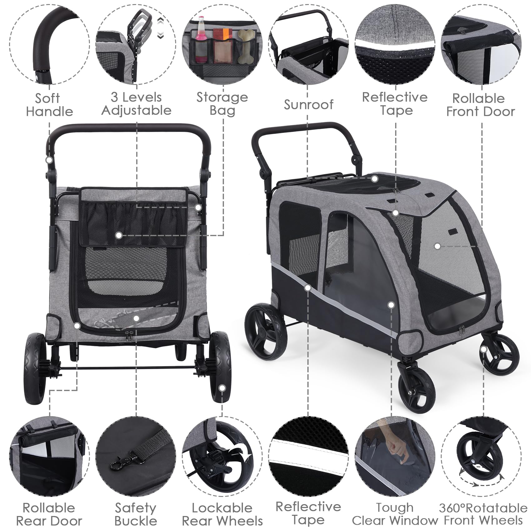 Extra Large Dog Stroller for 2 Big Dogs - Heavy Duty Pet Wagon & Carriage with Foldable Design, Adjustable Handle & Storage Pocket - Supports Up to 160 lbs - Perfect for Park Walks, Vet Visits & Shopping Trips