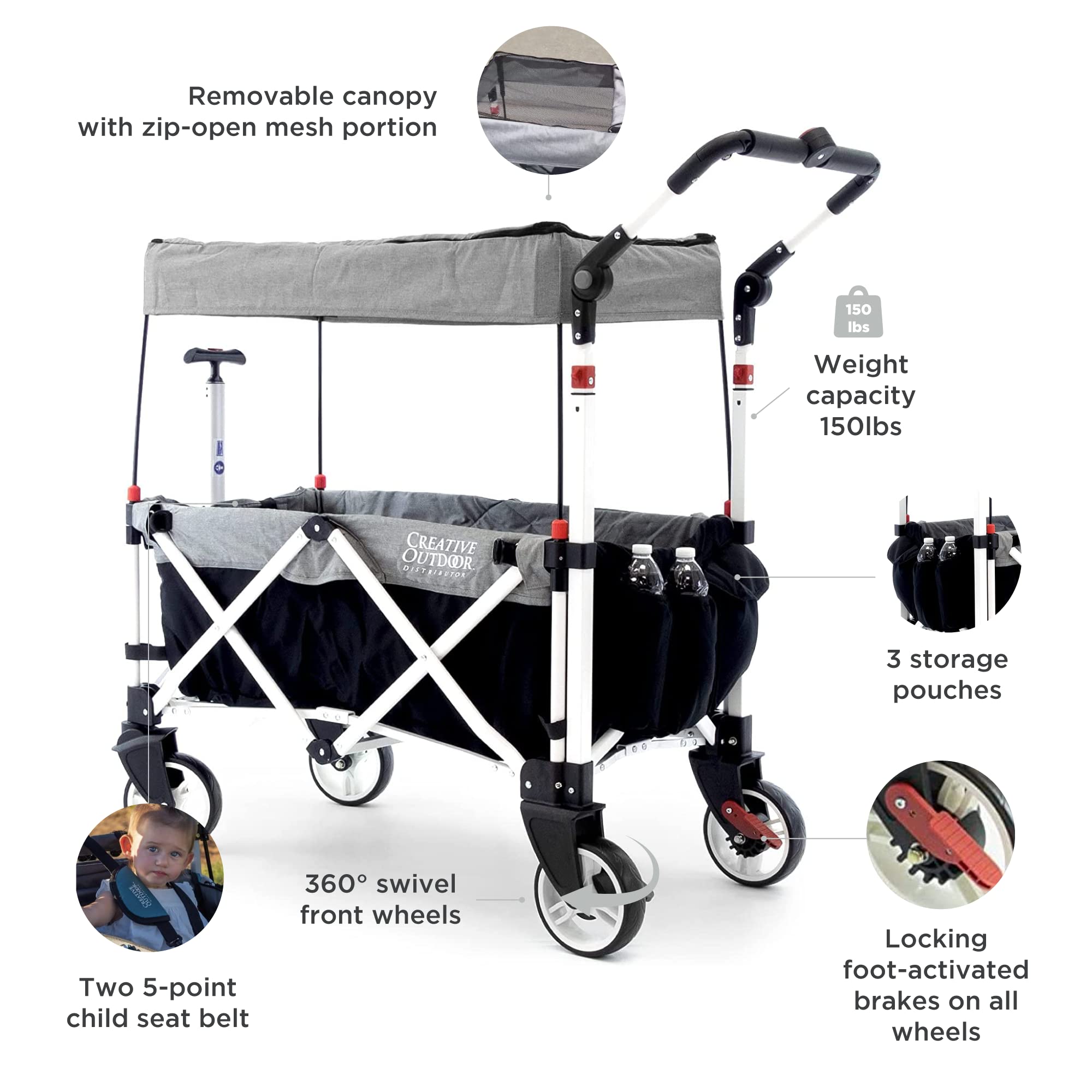 Ultra Compact Folding Stroller Wagon with Canopy - Lightweight Push Pull Design for Camping, Beach, Park & Sporting Events - Supports 150lbs - Gray/Black - Perfect for Family Outings, Travel & Outdoor Adventures
