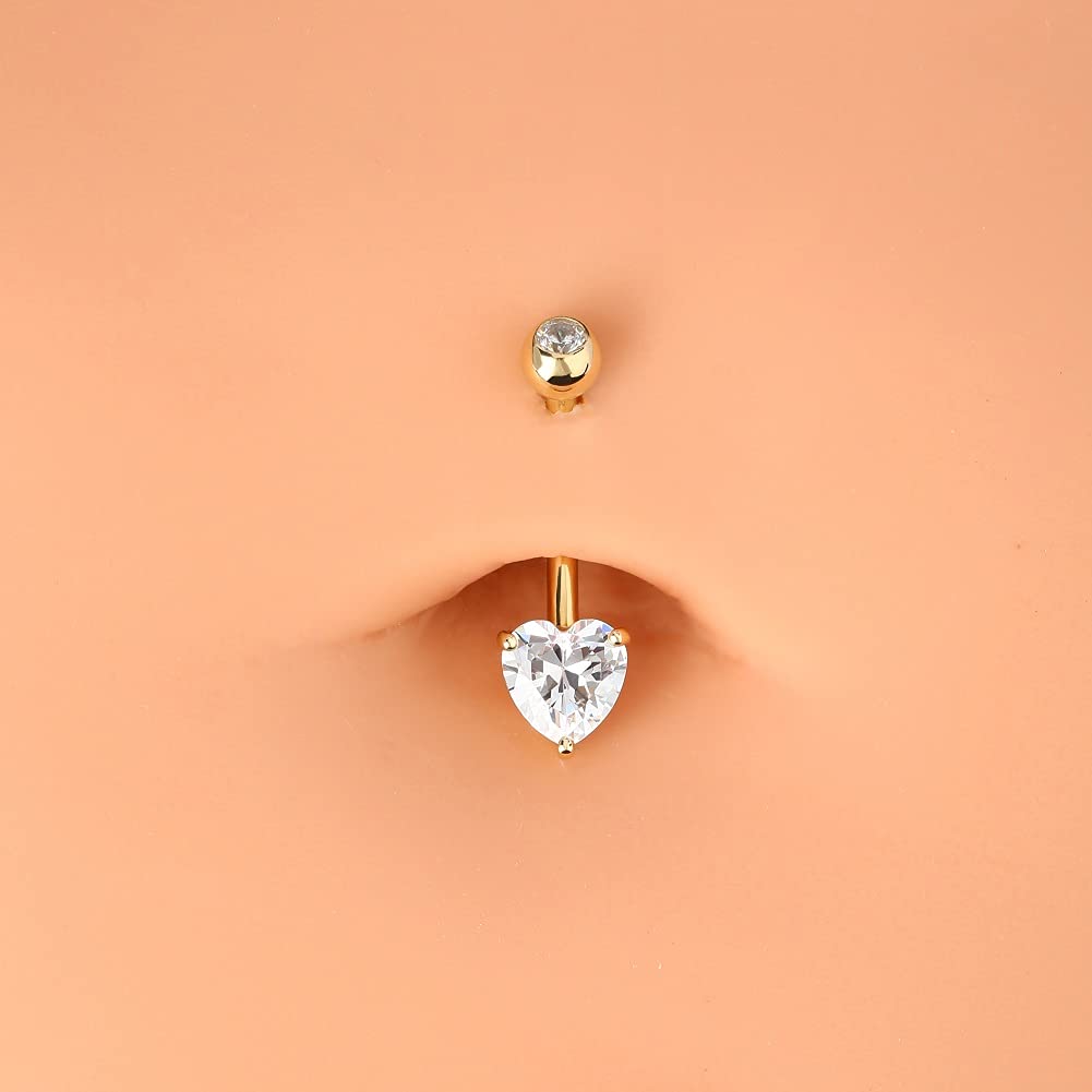 14K Solid White Gold Belly Button Rings with Heart Solitaire Cubic Zirconia - OUFER Body Piercing Jewelry for Women - Perfect for Everyday Wear, Parties & Beach Outfits
