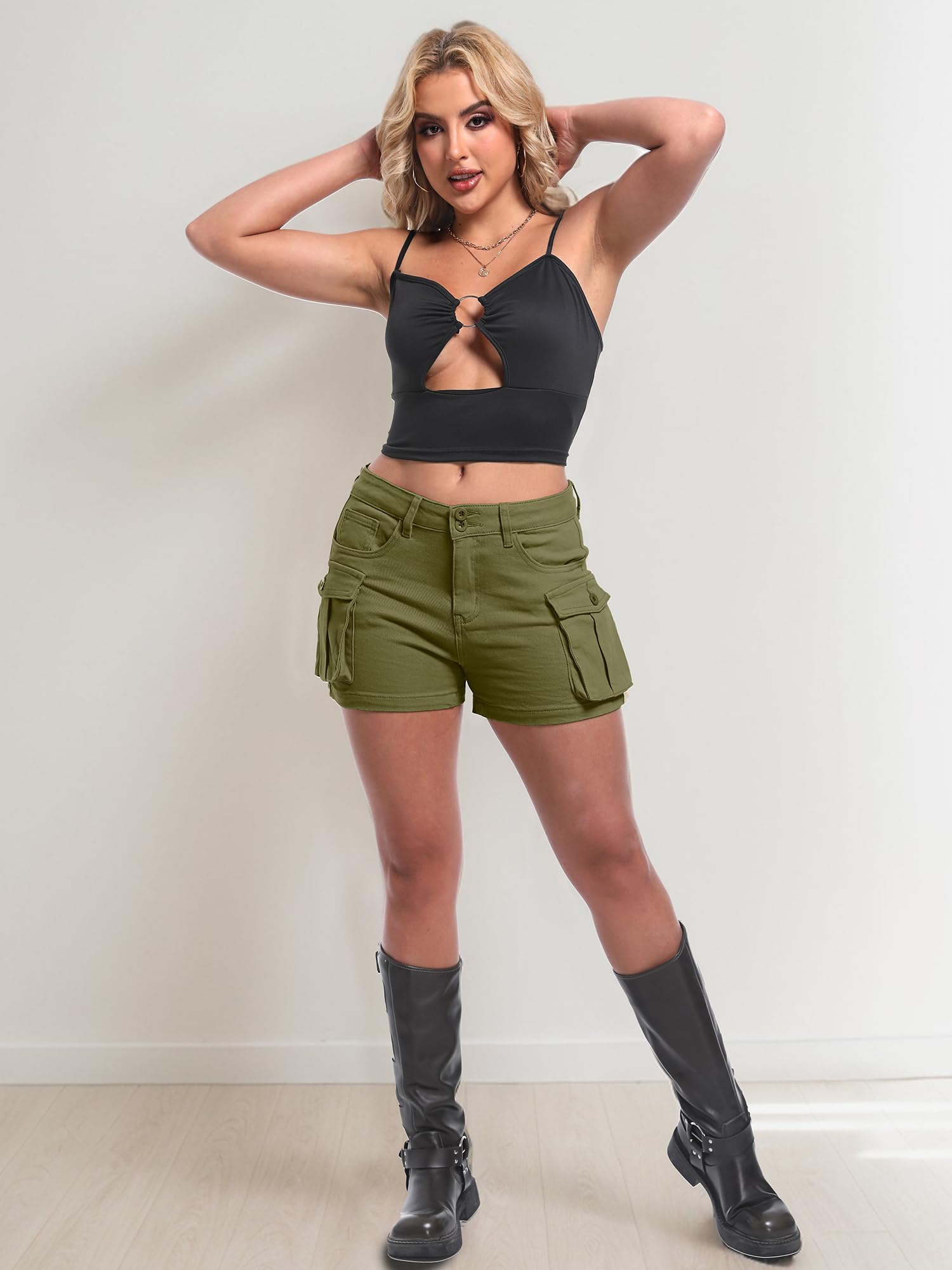 ELLEVEN Women's High-Stretch Cargo Shorts - Y2K Mini Denim Shorts with Pockets, High Waisted Slim Fit for Casual Wear, Summer Outfits, and Street Style Fashion