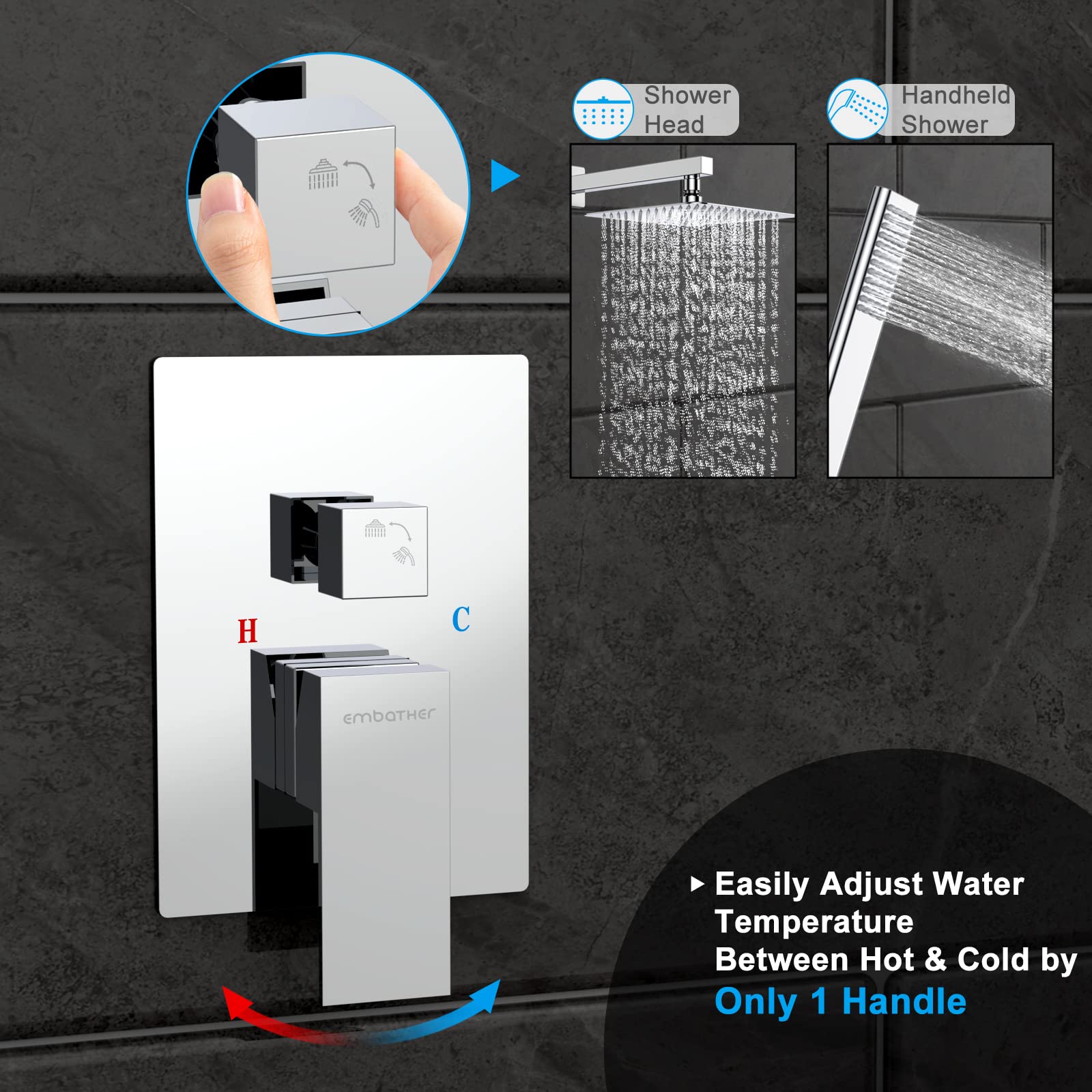 EMBATHER Chrome Shower System - 12 Inch Rain Shower Head with Adjustable Handheld Sprayer, Wall Mounted Square Shower Faucet Set (Includes Rough-in Valve & Trim) for Modern Bathroom Renovation - Perfect for Spa-Like Experience and Water Conservation