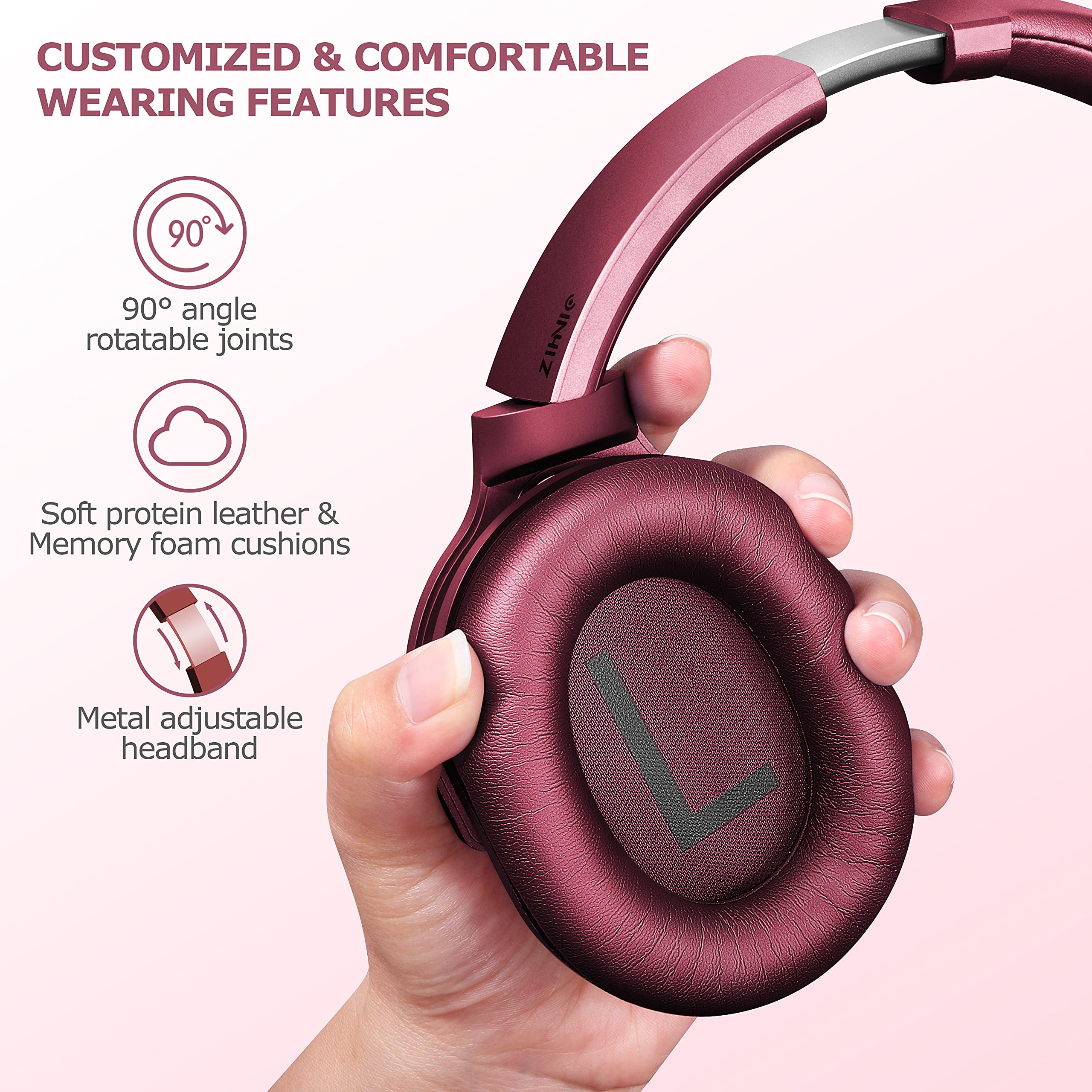 ZIHNIC Active Noise Cancelling Headphones Wireless Bluetooth 5.0 - 40H Playtime Hi-Fi Stereo Deep Bass Headset with Comfortable Earpads for Travel, Home, Office - Perfect for Commuting, Gaming & Work (Red)