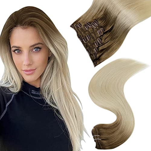 EasyClips Clip-in Human Hair Extensions 20 Inch - 120g/7pcs Real Remy Hair - Color 3 Brown Fading to 613 Bleach Blonde Straight - Natural Look & Volume - Perfect for Parties, Weddings & Daily Styling