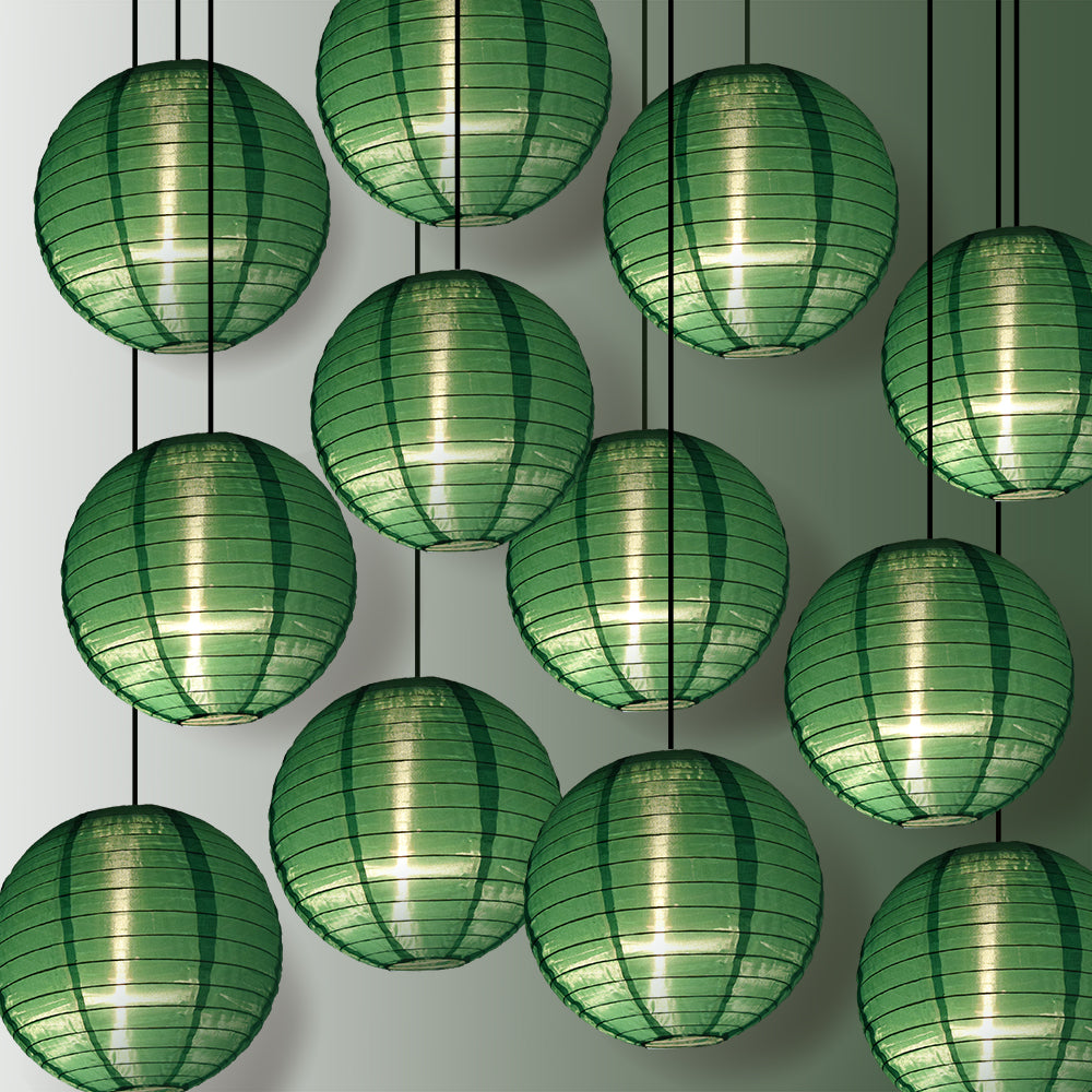 12 Pack Emerald Green Shimmering Nylon Lanterns - Durable Even Ribbing Hanging Decorations for Parties, Weddings & Outdoor Events