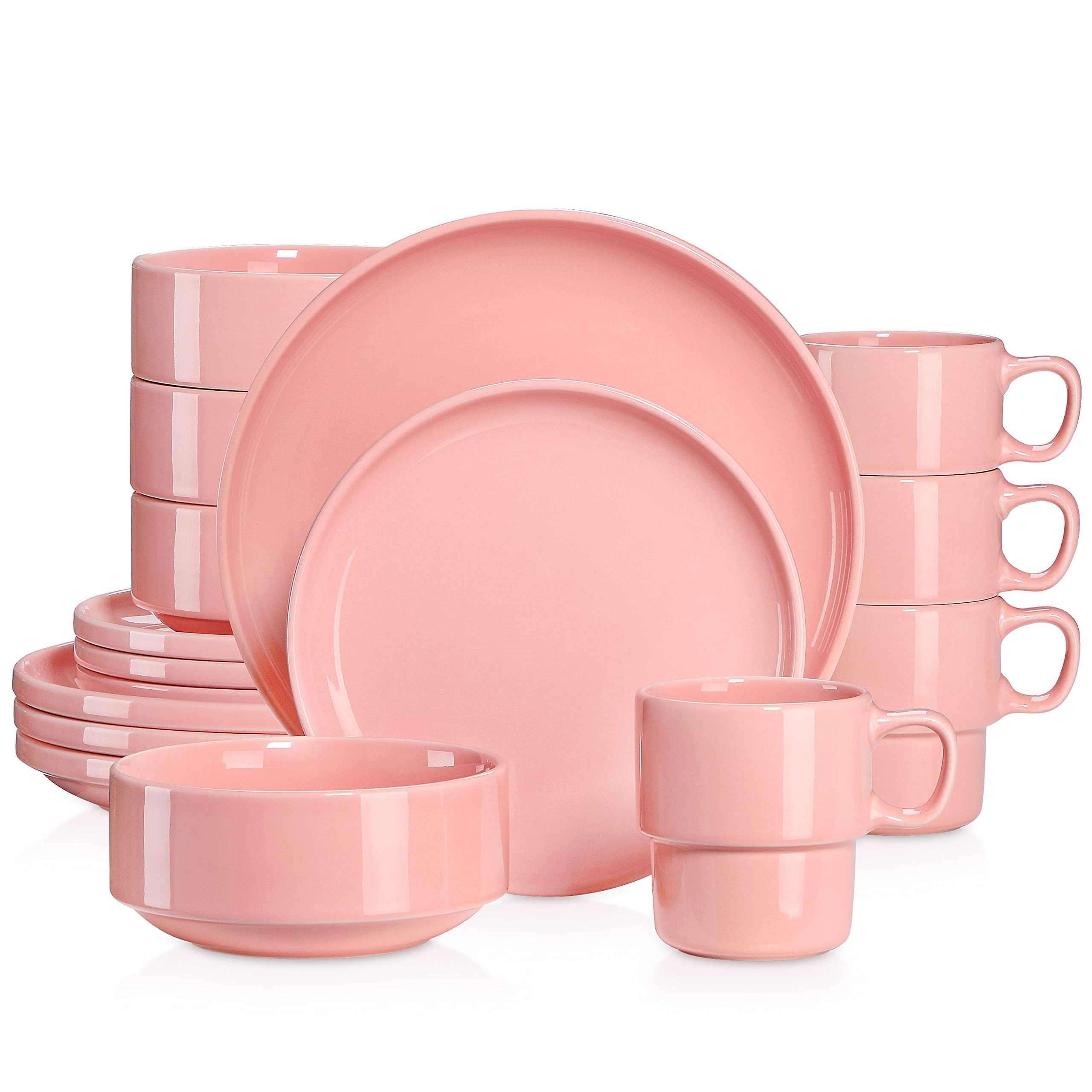 LOVECASA 16-Piece Pink Round Dinnerware Set for 4 - Includes Dinner Plates, Dessert Plates, Bowls & Mugs - Dishwasher & Microwave Safe - Perfect for Family Meals, Dinner Parties & Everyday Use