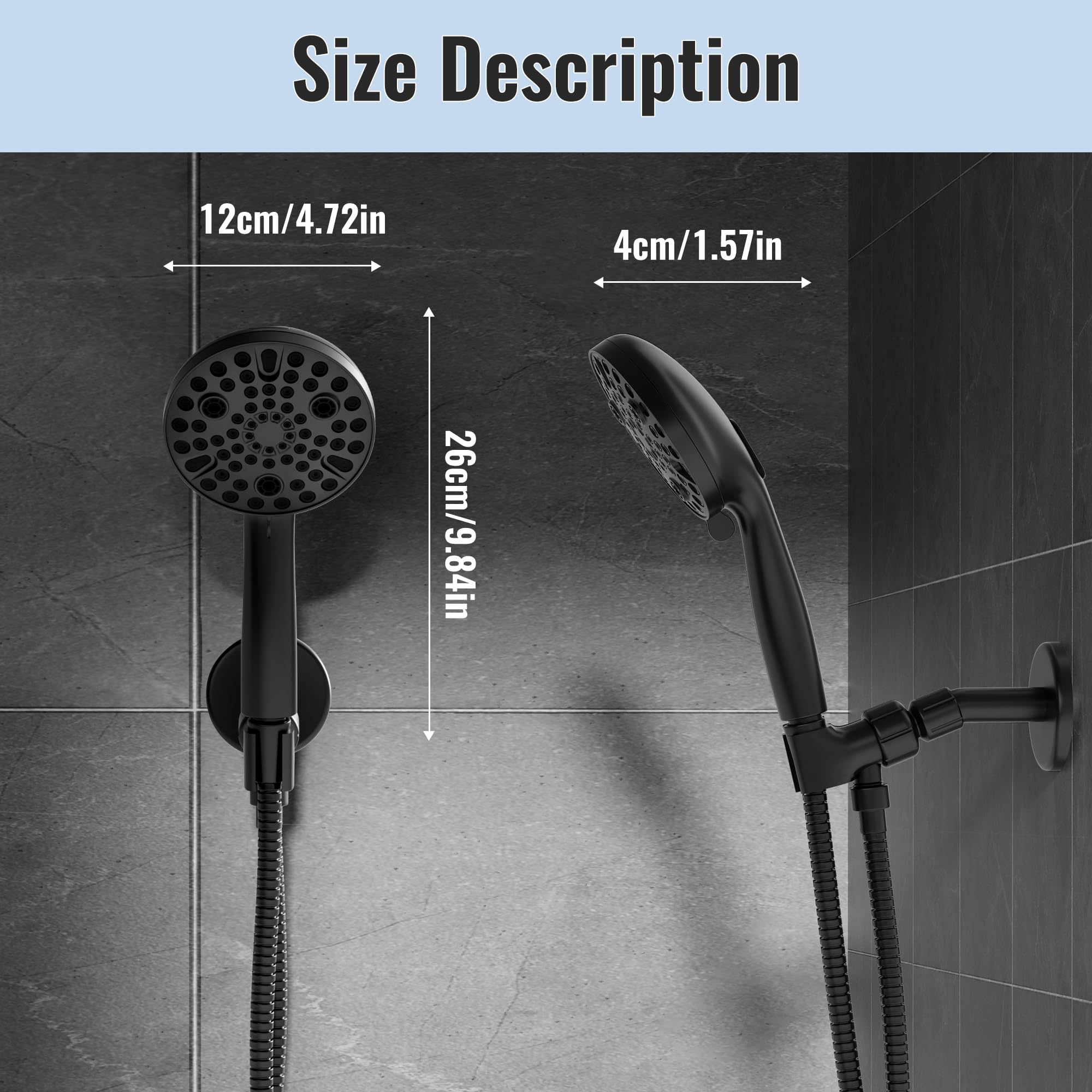 TRE Home High Pressure Shower Head with Handheld Spray - 10 Function Detachable Shower Head with Hose - Perfect for Bathroom, Spa & Pet Washing (Black)