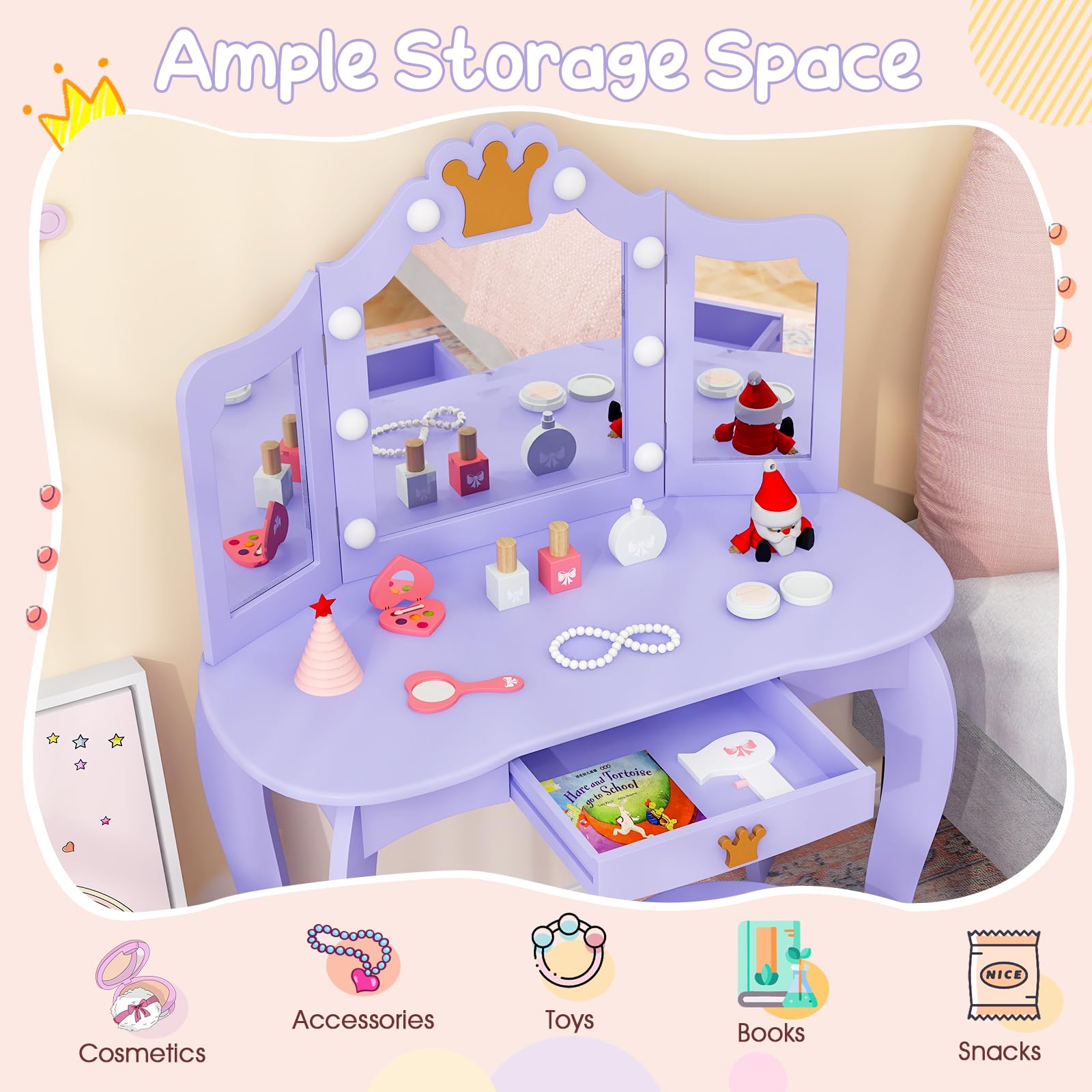 Costzon Kids Vanity Set with LED Lights & Stool - Princess Makeup Dressing Table with Mirror & Drawers for Girls - 2-in-1 Toddler Vanity Play Set (Violet) - Perfect for Pretend Play, Birthday Gifts & Bedroom Decor