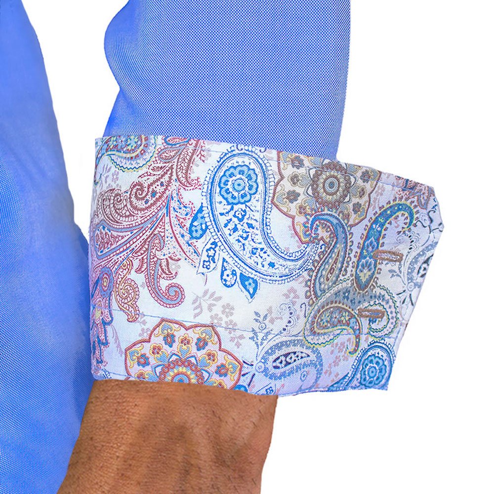 Premium Blue with White and Brown Paisley Pattern Men's Dress Shirts - 100% Cotton, Made in USA - Perfect for Business Meetings, Weddings & Formal Occasions