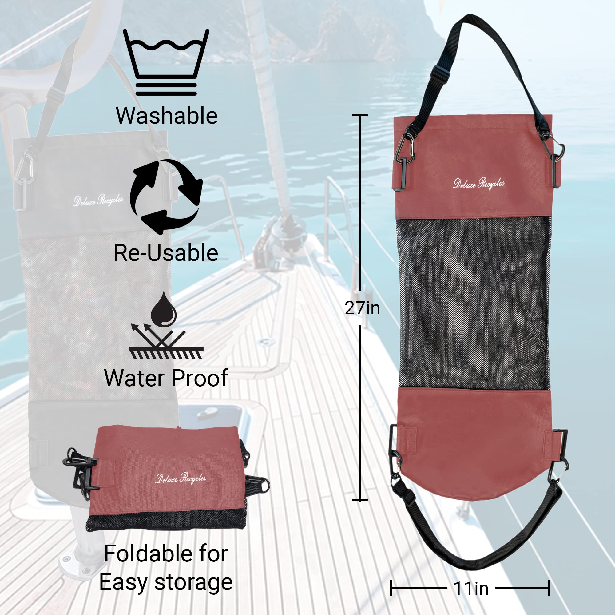 Portable Mesh Trash Bag for Boat - Washable Leakproof Outdoor Garbage Bags for Boat, Kayak, Camper & RV - Lightweight Large Capacity Bin Bag for Marine, Camping & Travel (Brown)