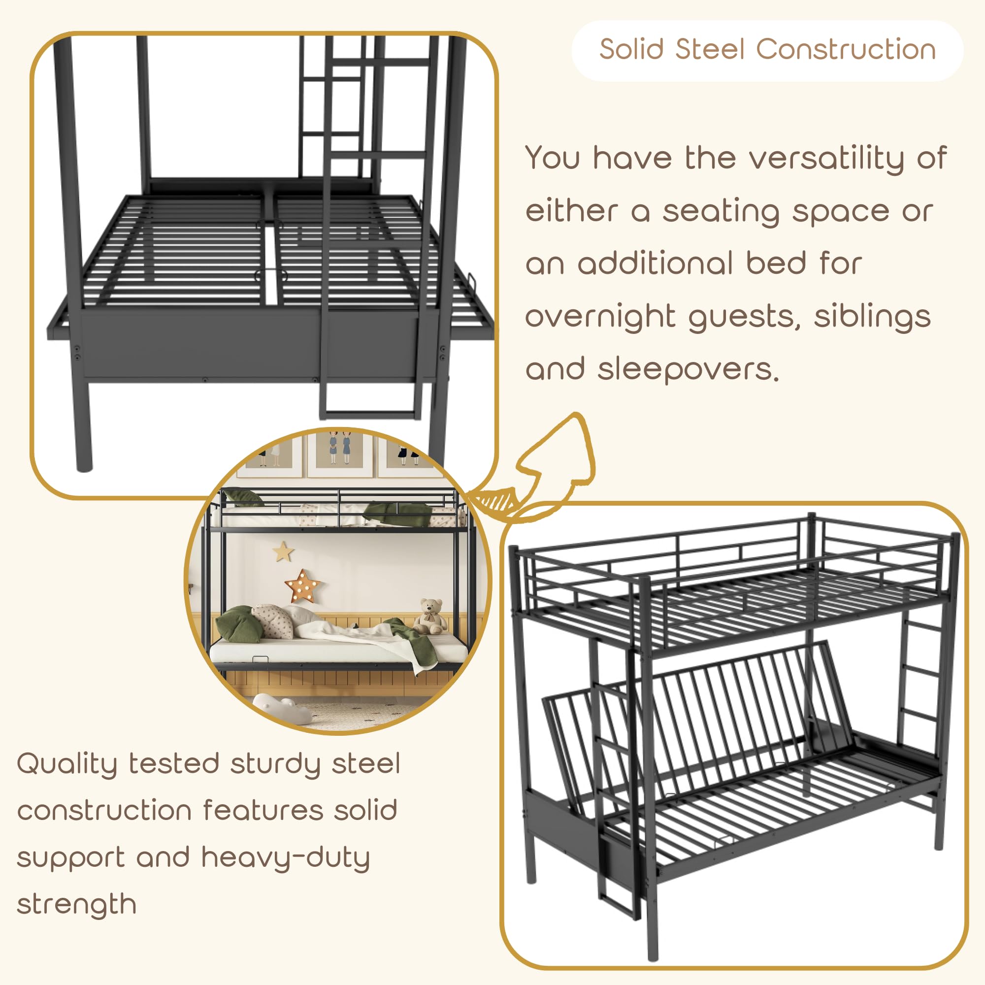 Convertible Twin Over Full Bunk Bed with Sturdy Steel Frame - Metal Bunk Bed & Sofa for Kids, Teens & Adults - Space-Saving Black Bed Frame with Safety Guard Rail & Ladder - Perfect for Small Bedrooms, Guest Rooms & Dormitories