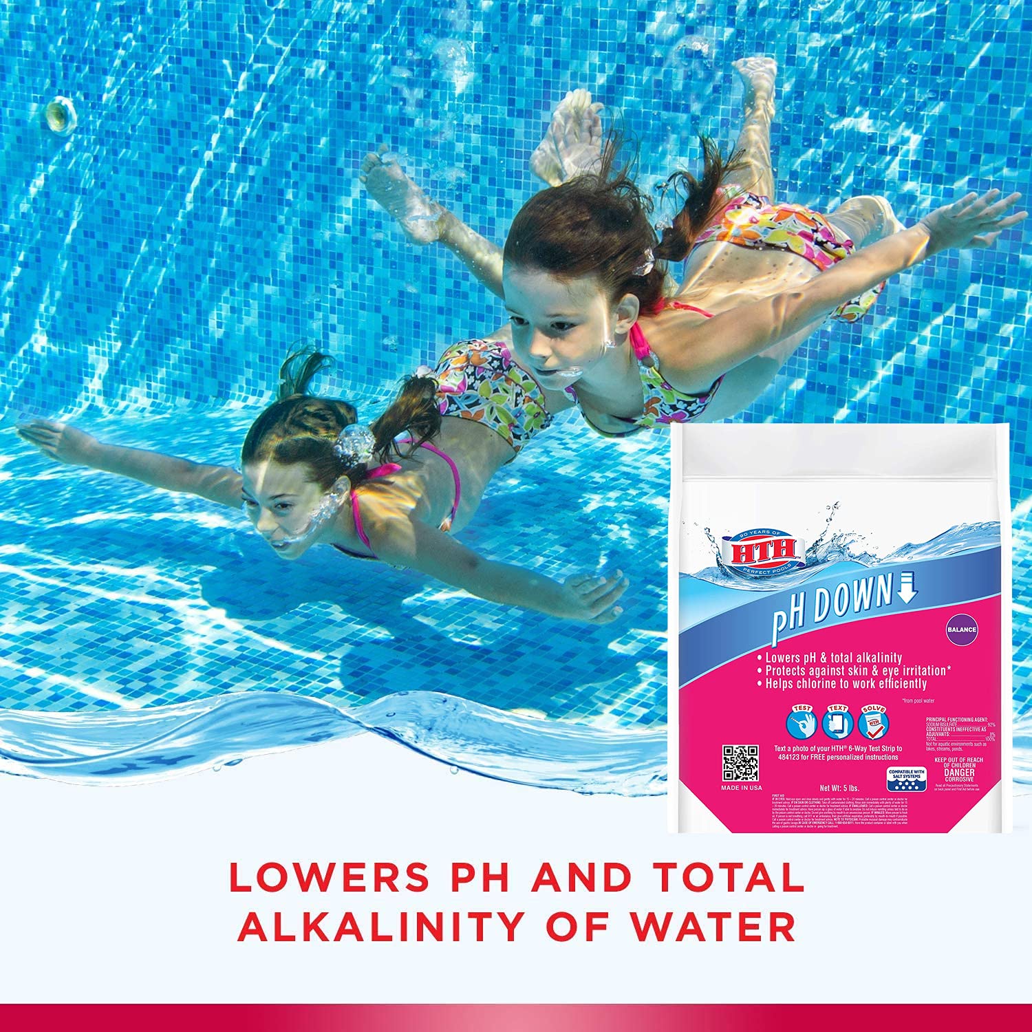 HTH 67040 pH Down Swimming Pool Chemical Balancer - 5 lbs | Lowers pH Levels for Crystal Clear Water | Perfect for Inground & Above Ground Pools, Spas & Hot Tubs