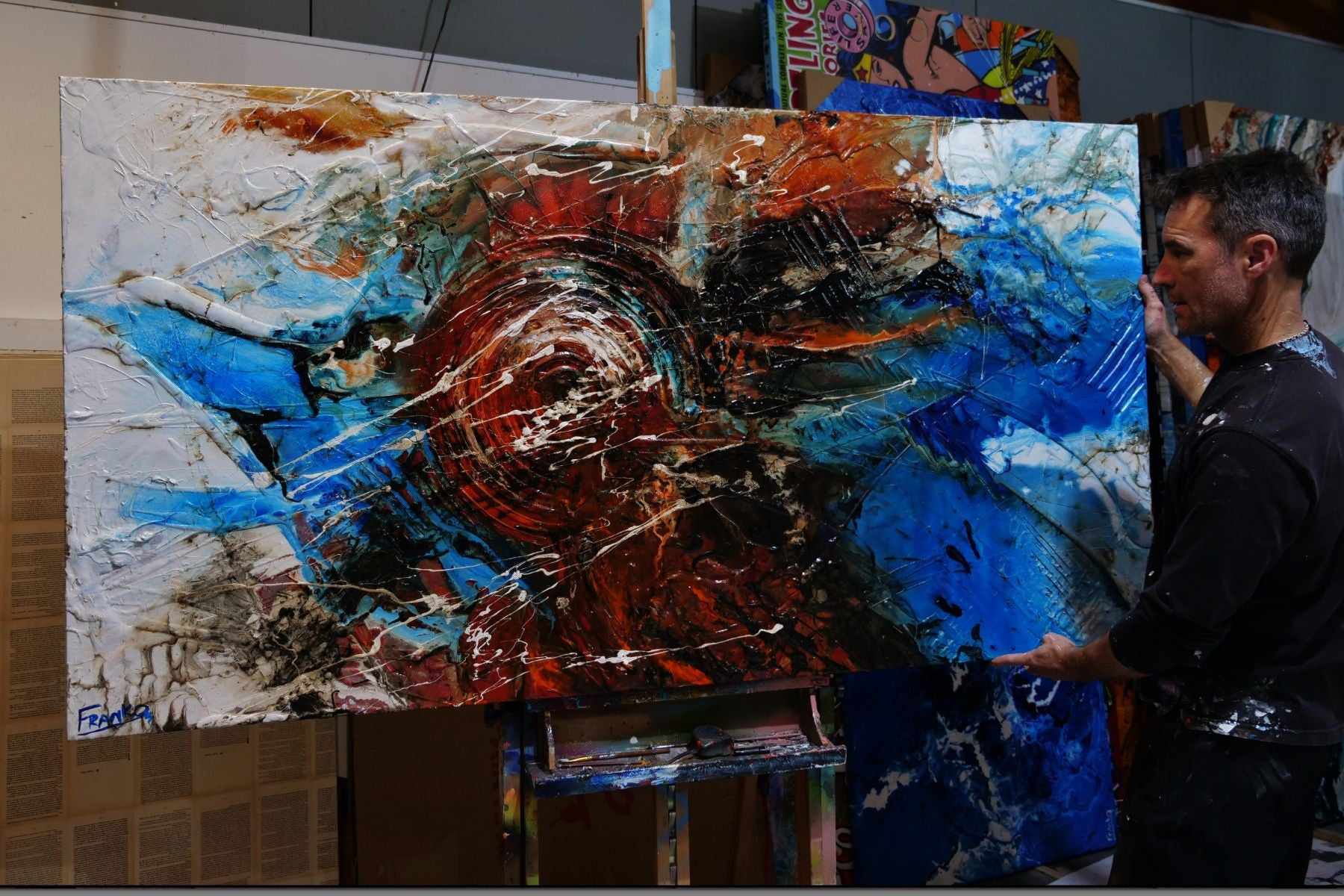 Rusted Overland 100x190cm Blue & Orange Abstract Textured Canvas Art - Modern Wall Decor for Living Room, Bedroom & Office