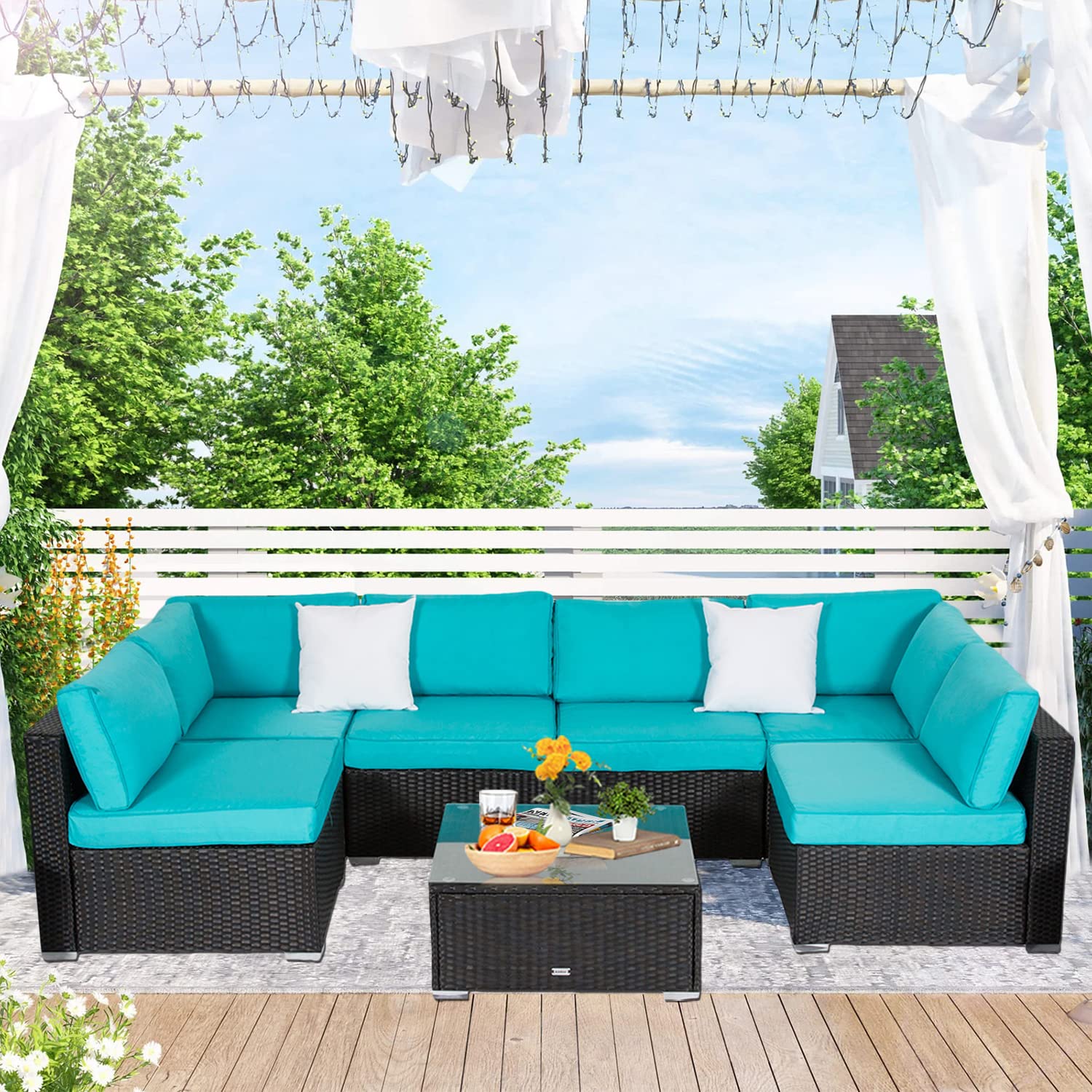 7-Piece Outdoor Patio Furniture Set - Wicker Rattan Sectional Sofa with Cushions & Coffee Table - Turquoise Conversation Set for Porch, Garden, Backyard | Perfect for Relaxing, Entertaining & Outdoor Dining