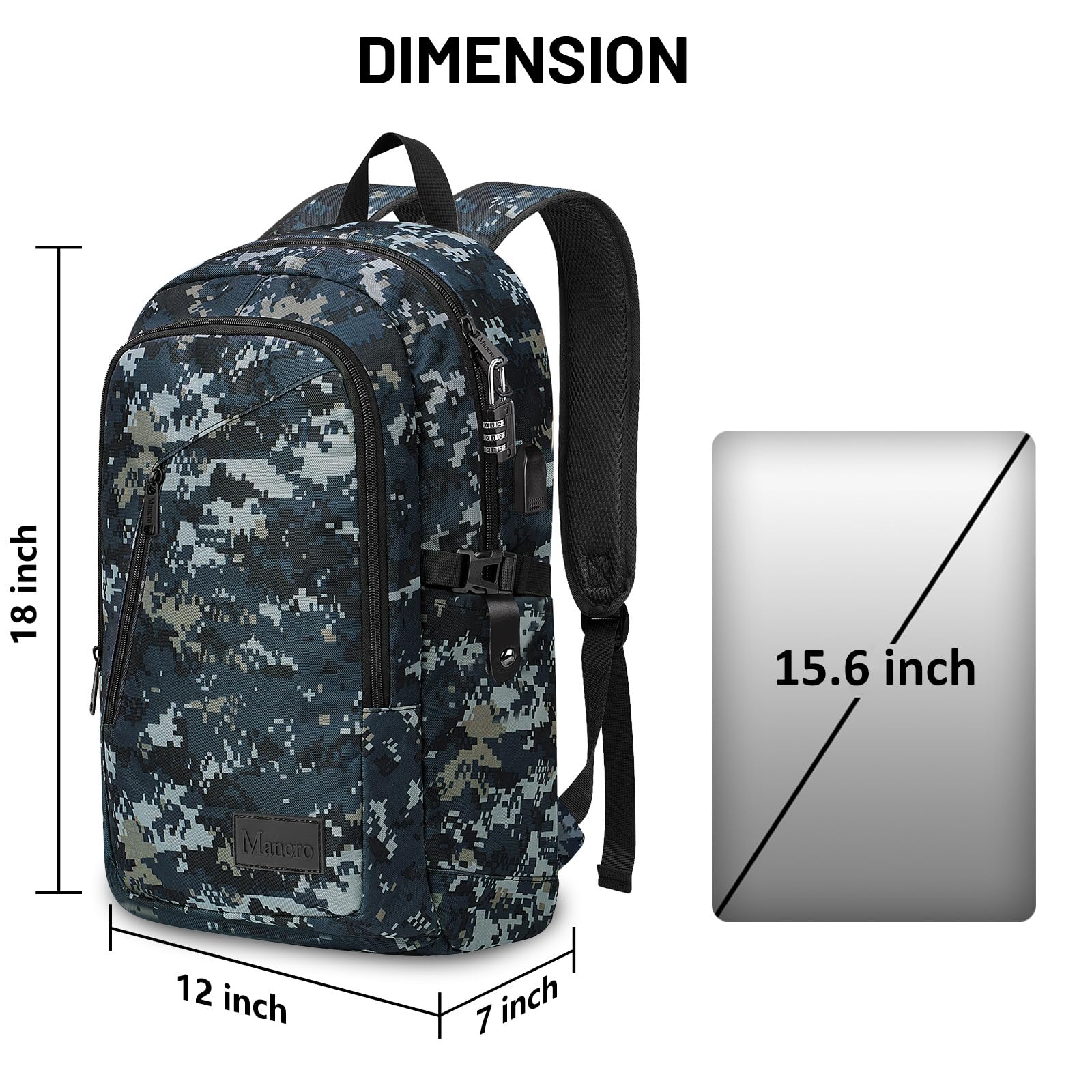 Mancro Camouflage Travel Laptop Backpack - Lightweight Anti-Theft USB Charging Laptop Bag with Lock for Men & Women - Fits 15.6 Inch Laptop & Computer - Perfect for Work, School, Travel & Outdoor Adventures
