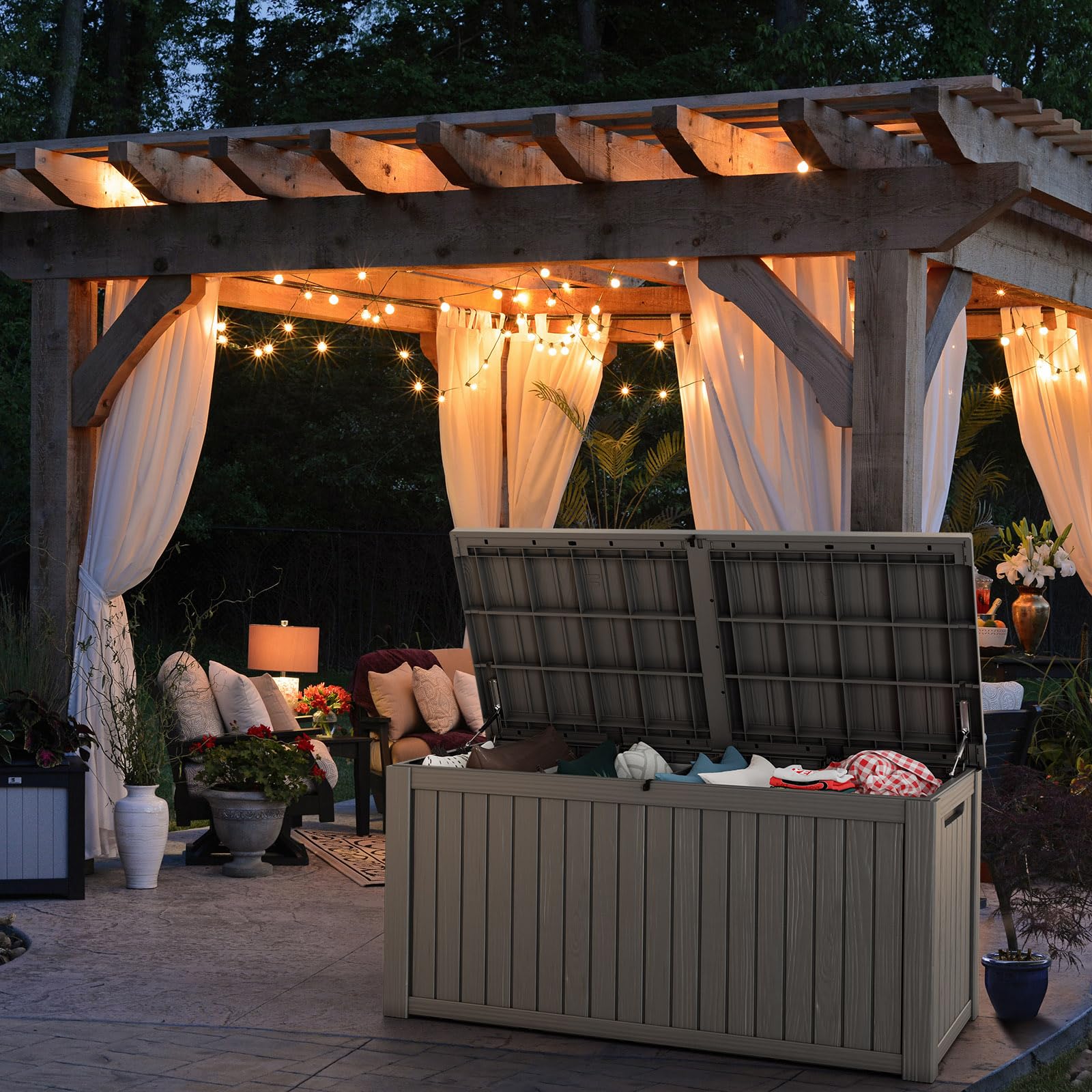 ROJIK 180 Gallon Outdoor Storage Deck Box - Waterproof Patio Furniture Cover, Garden Tool Organizer, Pool Accessories & Cushion Storage Bench with Lockable Lid & Side Handles (Cappuccino) - Perfect for Backyard, Garden, Poolside & Deck Organization