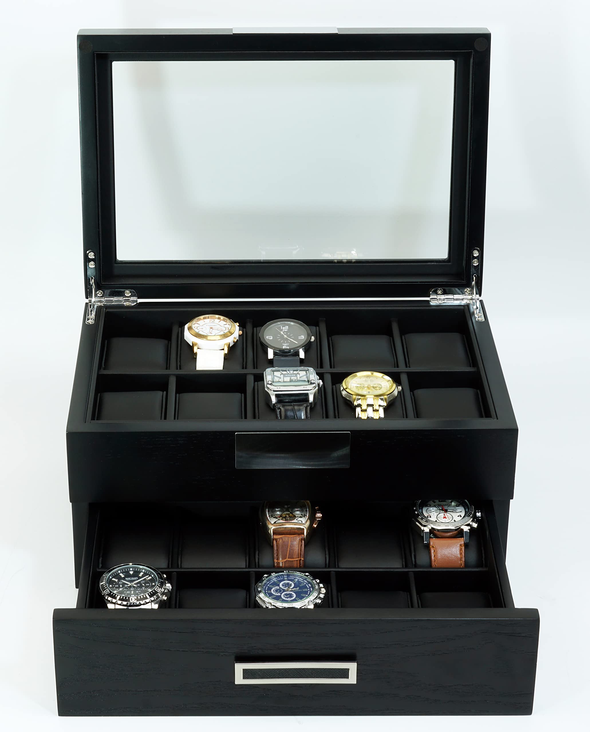 Premium 20-Slot Ebony Wood Watch Display Case with Glass Top - 2-Tier Jewelry Organizer with Stainless Steel Accents & 2 Drawers - Perfect for Watch Collectors, Jewelry Storage & Retail Store Displays