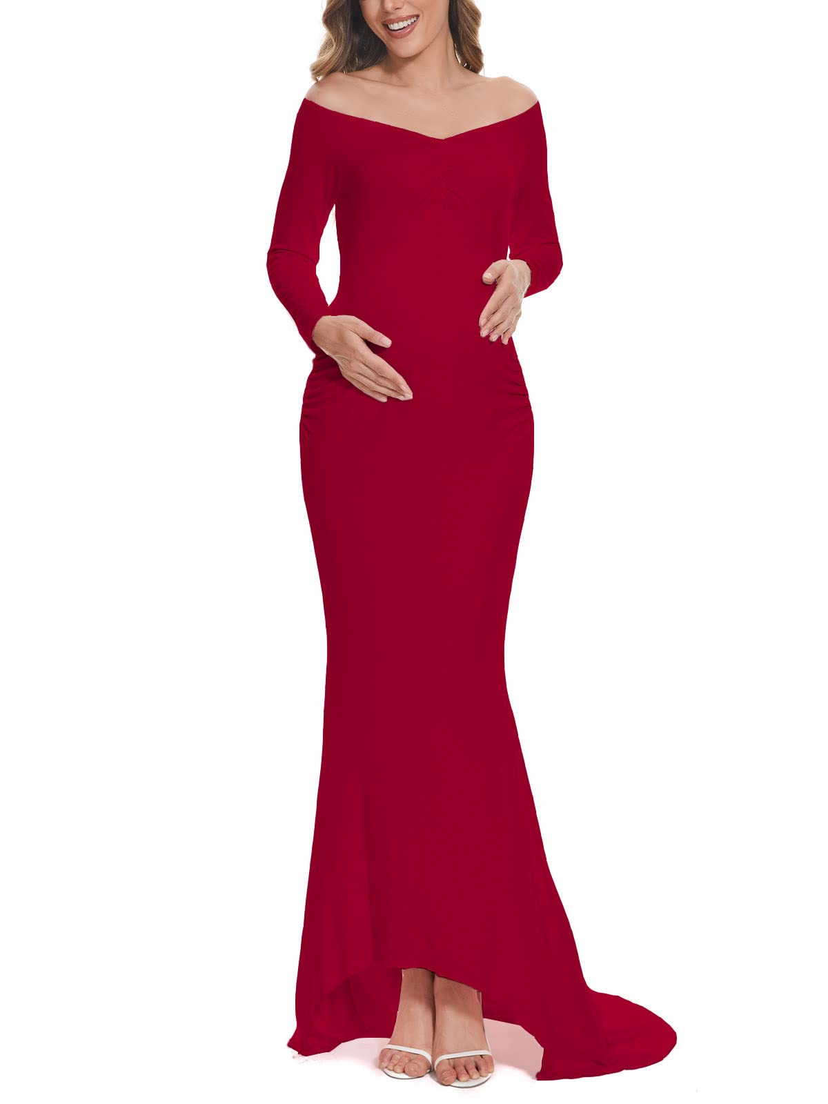 Elegant Off Shoulder Maternity Dress for Photoshoot - Slim Fit Long Sleeve Baby Shower Gown | Perfect for Pregnancy Photos, Maternity Events & Special Occasions
