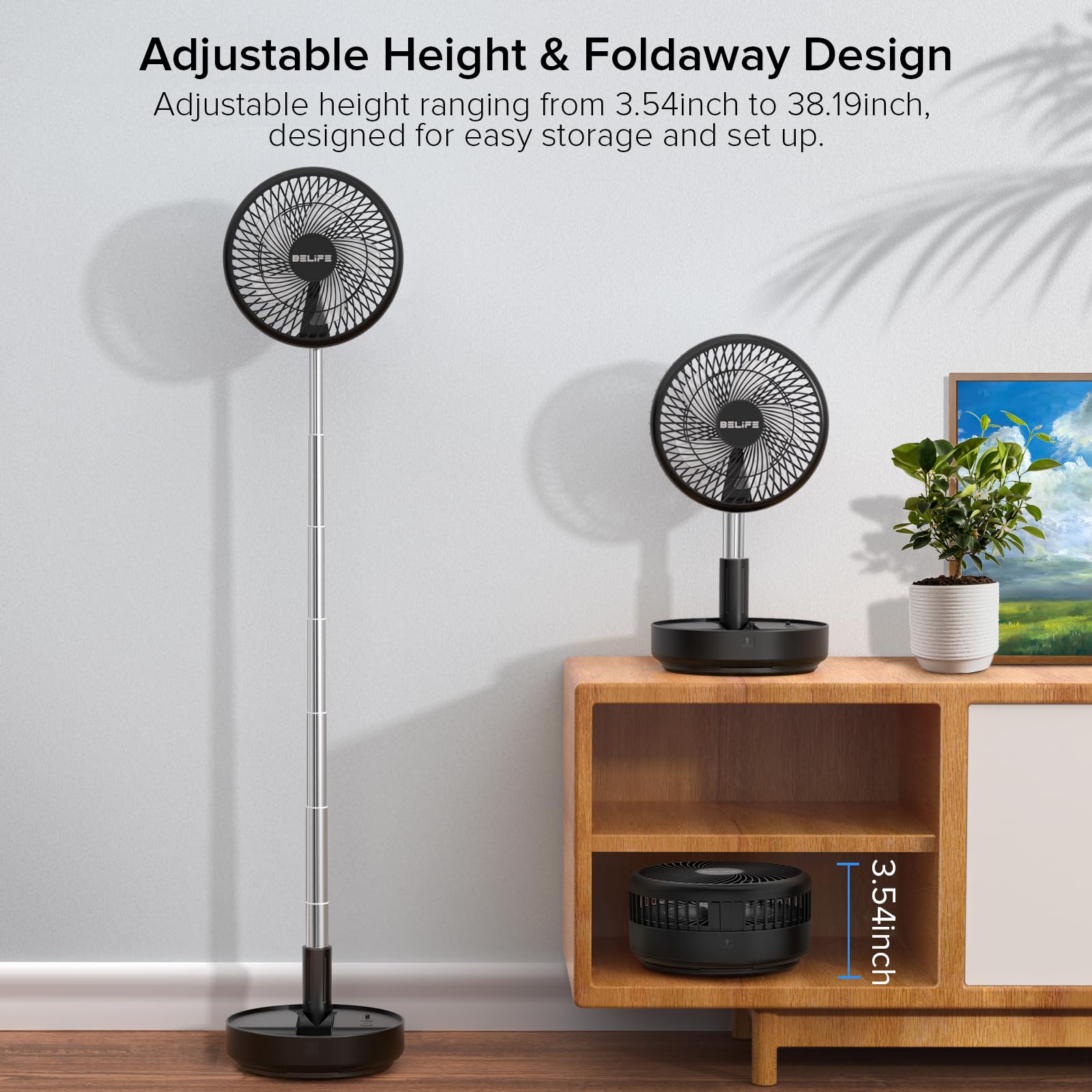 Belife X8 Portable Fan - 7200mAh Rechargeable Battery, USB-Powered Oscillating Desk/Floor Fan with Remote Control, Foldable & Telescopic Design for Home, Office, Camping & Travel - 7.7 Inch Black | Perfect for Sleeping, Bedroom Cooling & Outdoor Activities