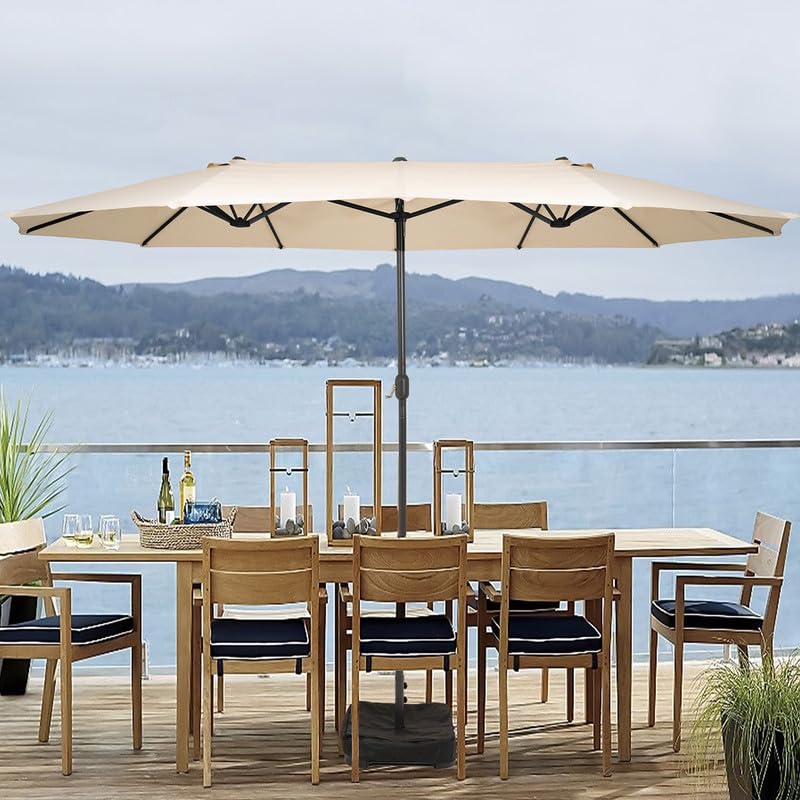 15ft Large Outdoor Patio Umbrella with Heavy Duty Base & Protective Cover - Double-Sided Sun Shade for Pool, Garden, Backyard, and Beach Relaxation