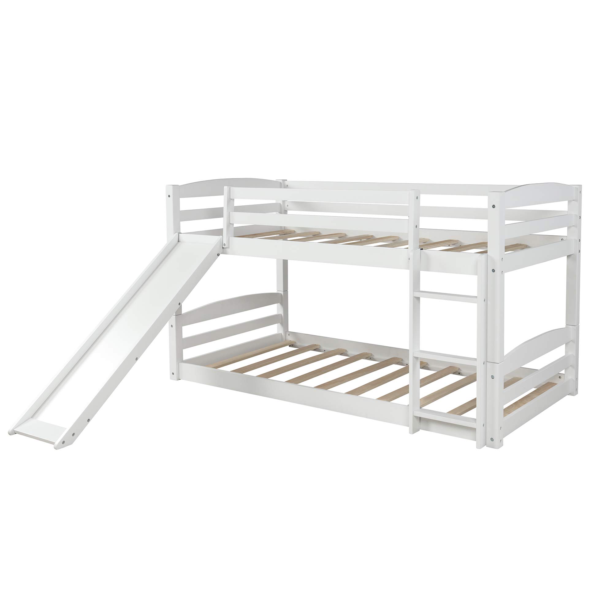 Kids Twin Bunk Beds with Slide & Built-in Ladder - Convertible Wooden Low Profile Bunk Bed for Children, No Box Spring Needed (White) - Perfect for Small Bedrooms, Shared Kids Rooms & Sleepovers