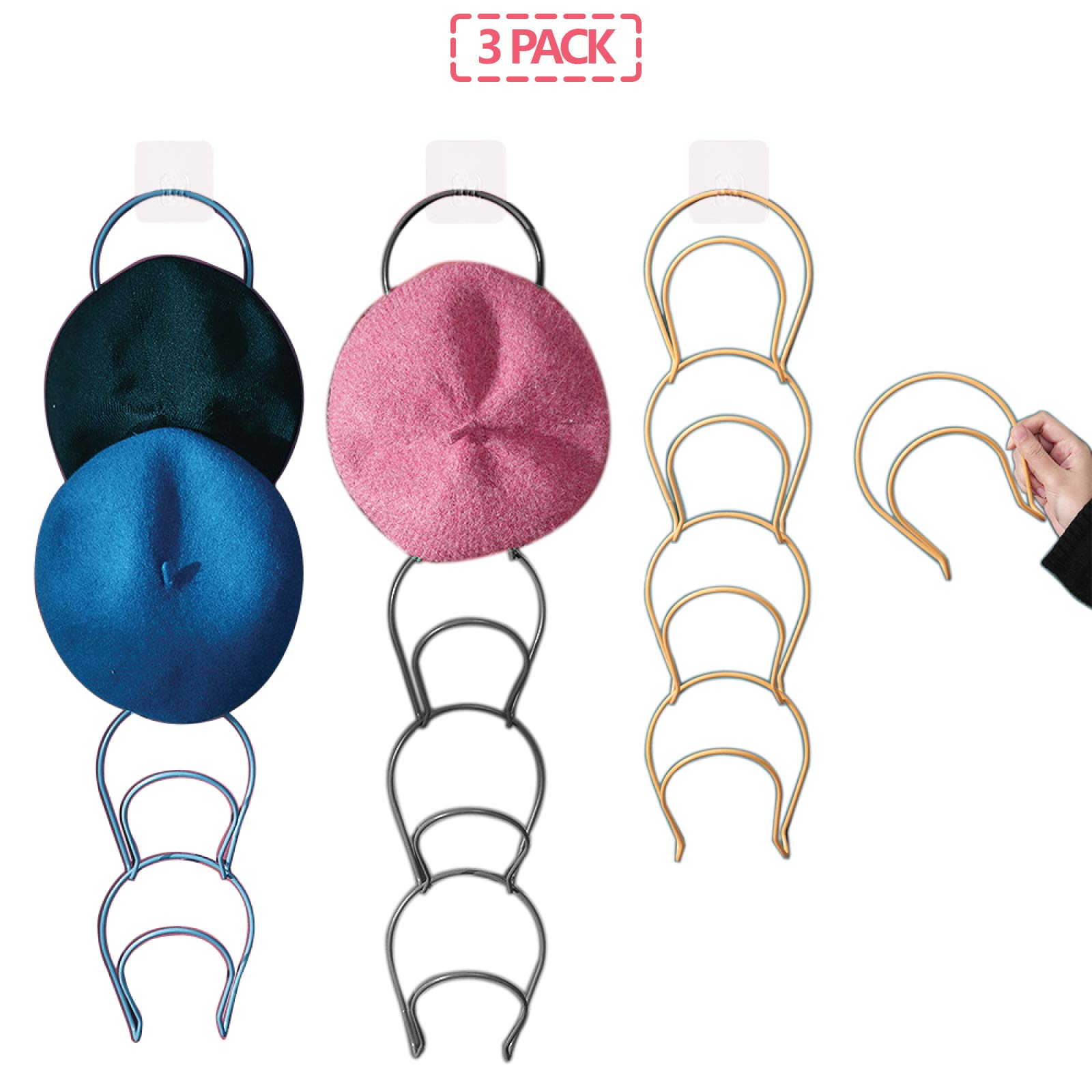 15-Piece Hanging Hat Organizer & Cap Rack - Wall Mounted Baseball Cap Holder for Closet, Door, Kitchen, Bathroom - Perfect for Storing Hats, Scarves, Bags (Black, Blue, Yellow) - Ideal for Home, Dorm, Office Organization & Space Saving