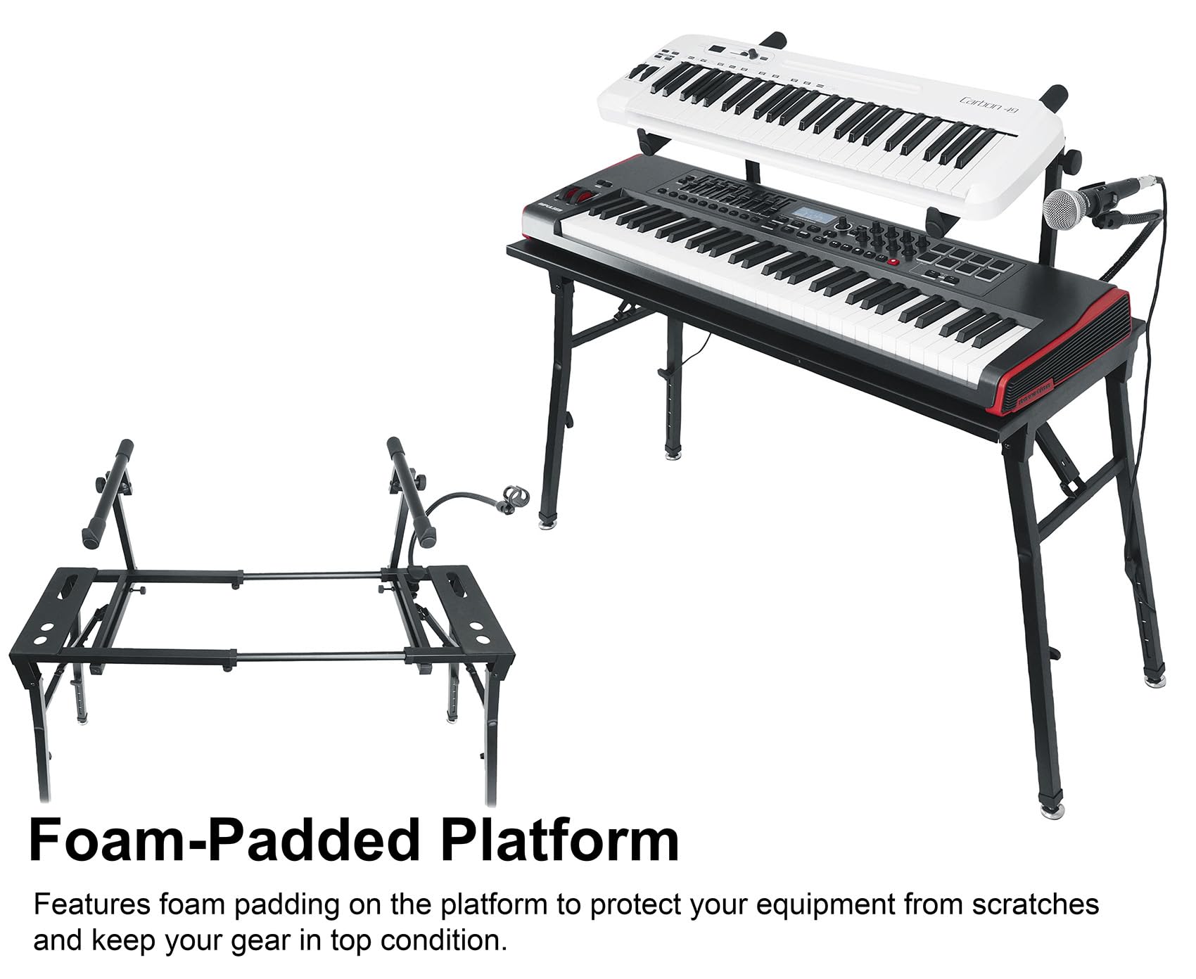 Rockville PKS44 2-Tier Keyboard & DJ Stand with Mic Holder - Foldable Steel Tabletop Stand with Detachable Second Tier & Carry Bag - Perfect for DJs, Music Studios & Live Performances - Home Studio Setup & Stage Gigs