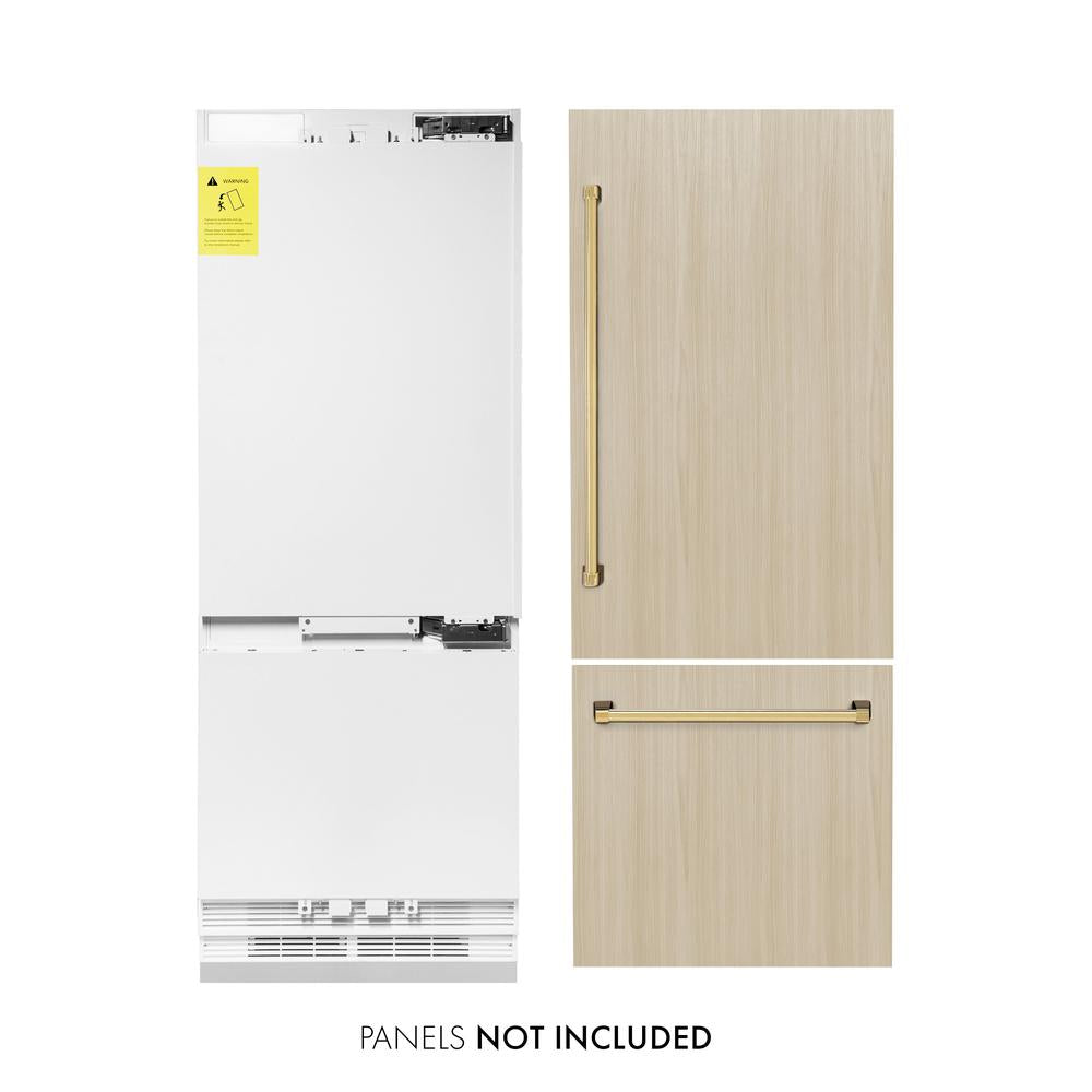 ZLINE Autograph Edition 30 Inch Panel Ready Built-In Bottom Freezer Refrigerator - 16.1 cu ft Capacity with Water Dispenser & Ice Maker - Polished Gold Accents (RBIVZ 30 G) - Perfect for Modern Kitchens & Open Concept Homes