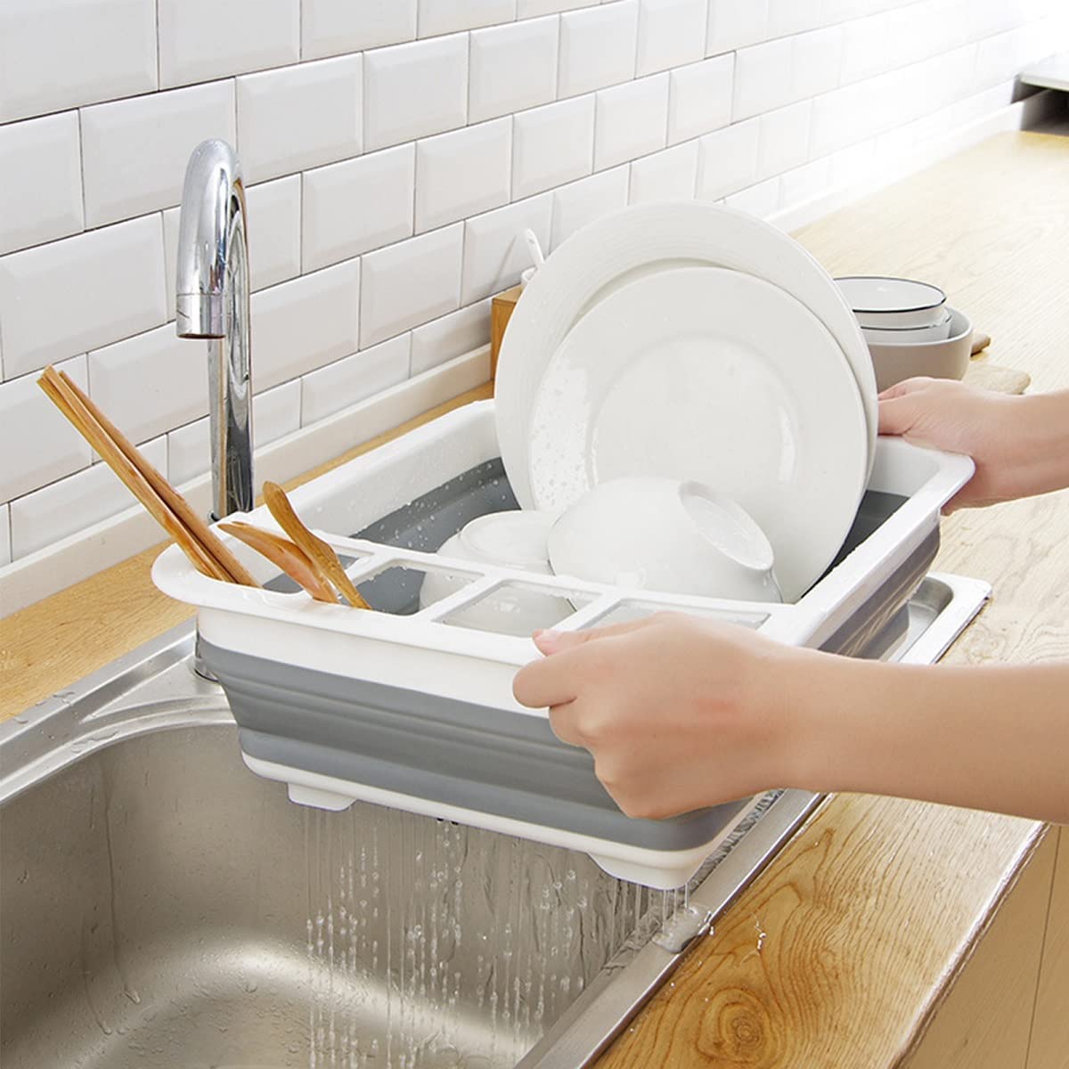 Foldable Silicone Dish Drying Rack with Utensil Holder - Space Saving Collapsible Drainer for Kitchen Counter - Perfect for Small Apartments, Camping & RV Use