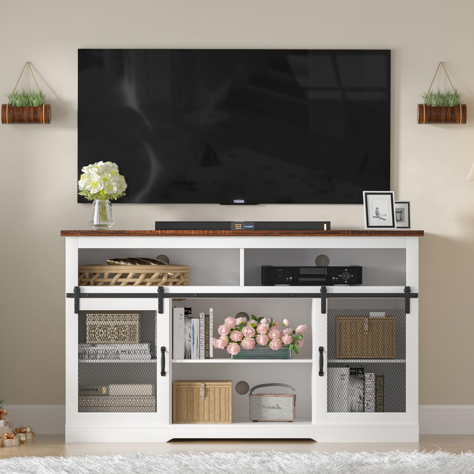Farmhouse TV Stand for 65 Inch TV - Rustic Entertainment Center with Sliding Barn Doors, Storage Cabinet for Living Room & Bedroom - White Wood Console Table | Perfect for Cozy Home Theater Setup & Farmhouse Style Decor