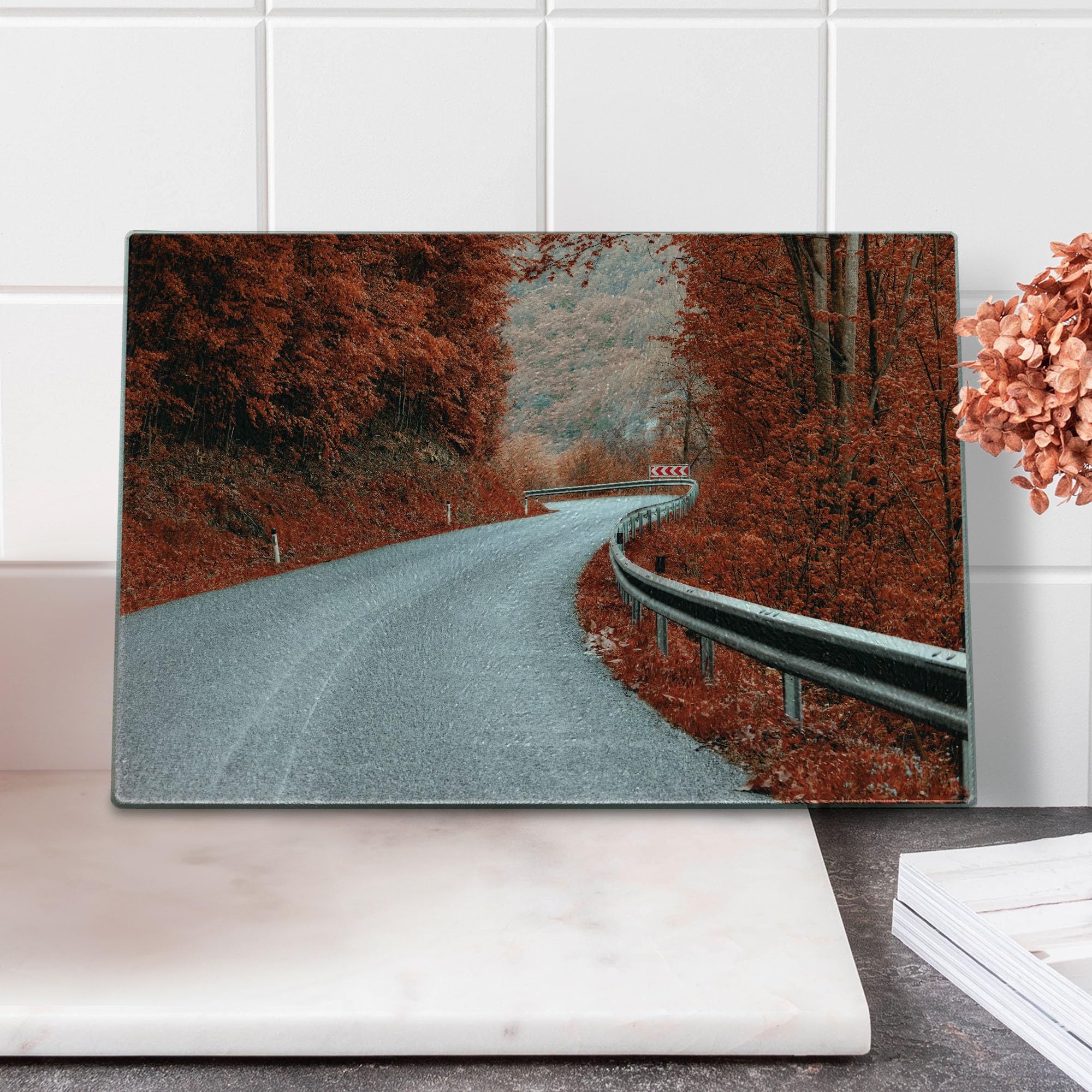 Ambesonne Fall-Themed Tempered Glass Cutting Board - Dreamy Asphalt Road with Autumn Colors, Surreal Highway Travel Design - Decorative Serving Board for Kitchen & Dining - Perfect for Thanksgiving, Holiday Parties & Home Decor (Small Size, Orange & Pale Grey)
