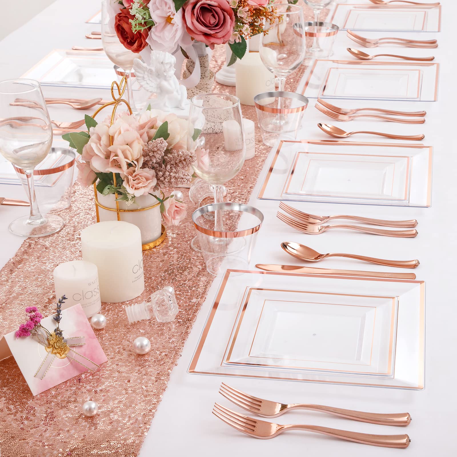 WELLIFE 150-Piece Rose Gold Disposable Plastic Dinnerware Set - 25 Square Dinner Plates, 25 Dessert Plates, 25 Cups, 25 Forks, 25 Knives, 25 Spoons - Elegant Party Tableware for Weddings, Birthdays & Events