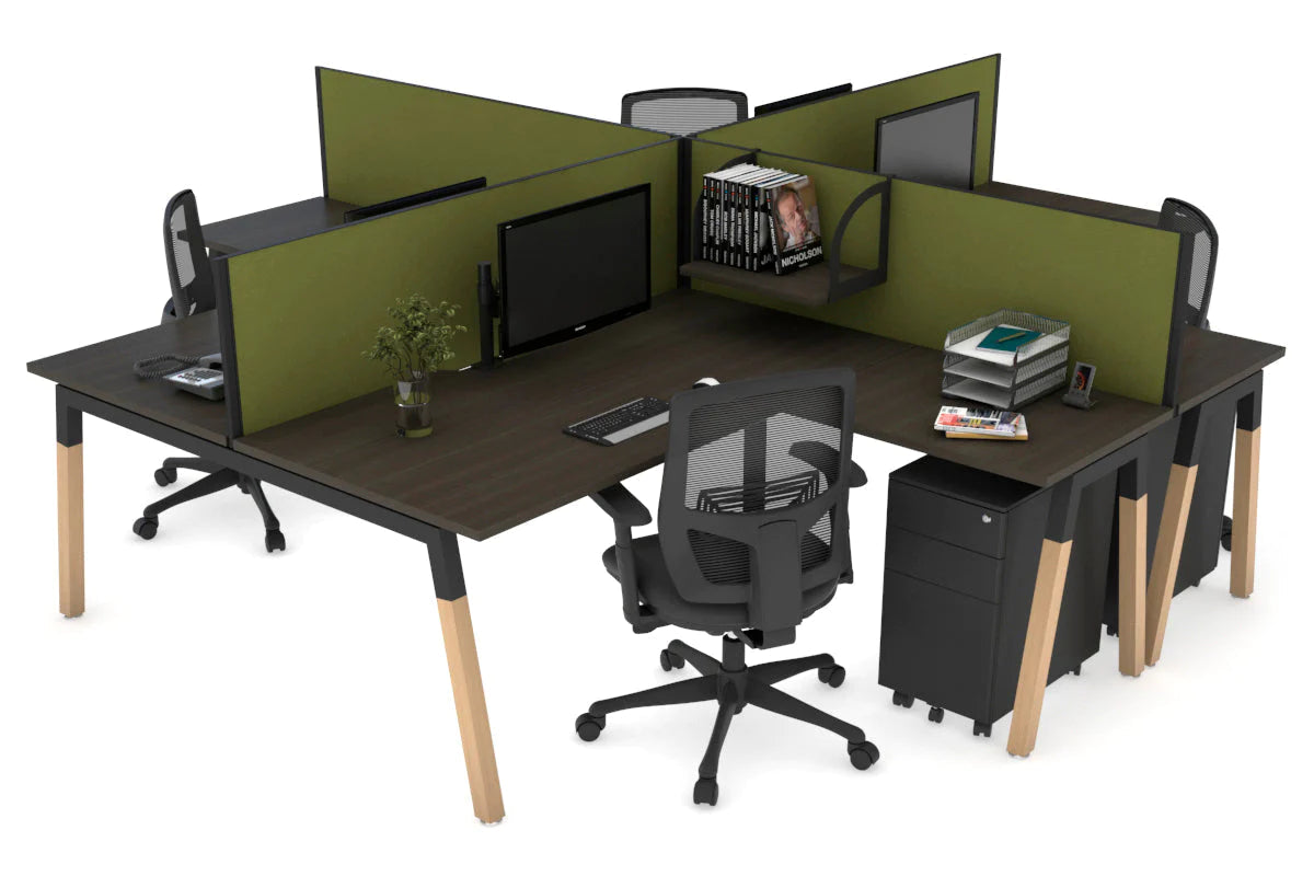 Quadro Wood A Legs Cross Beam 4-Person Corner Workstation Desk - 1600L x 1800W with Cable Management Scallop - Perfect for Office, Home Workspace & Collaborative Environments