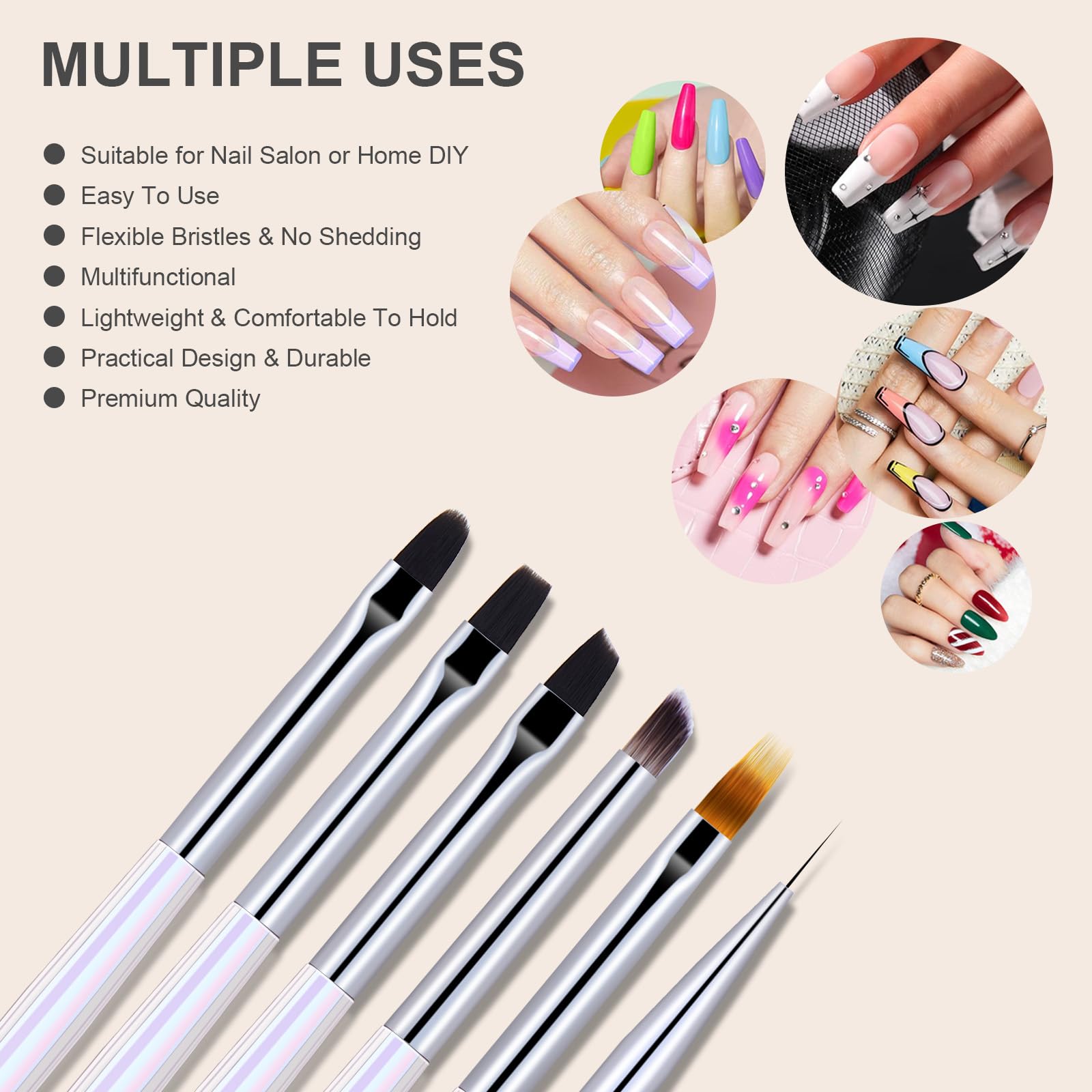 6Pcs Professional Nail Art Brush Set - Nail Liner, Ombre, Gel Polish Painting Brushes for DIY & Salon Use | Perfect for Acrylic, Gel Nails & Nail Art Designs at Home or Professional Nail Salons