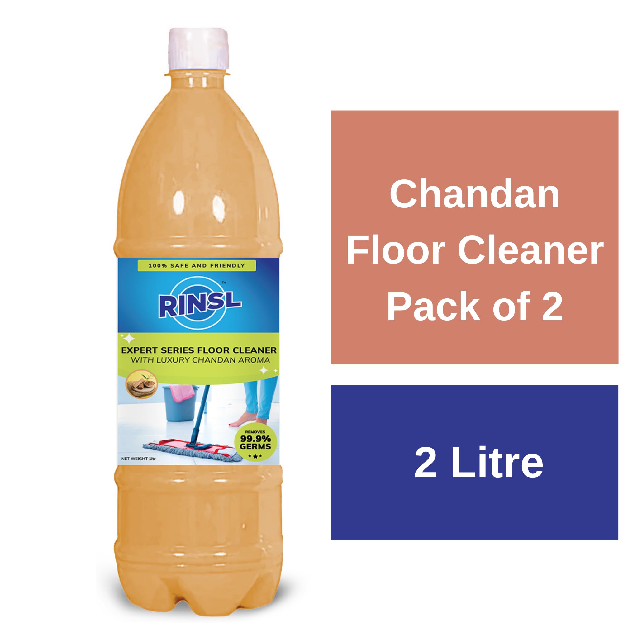 Rinsl Luxury Chandan Floor Cleaner - 2 Liters (Pack of 2) | Natural Scent, Deep Cleaning | Perfect for Hardwood, Tile & Marble Floors