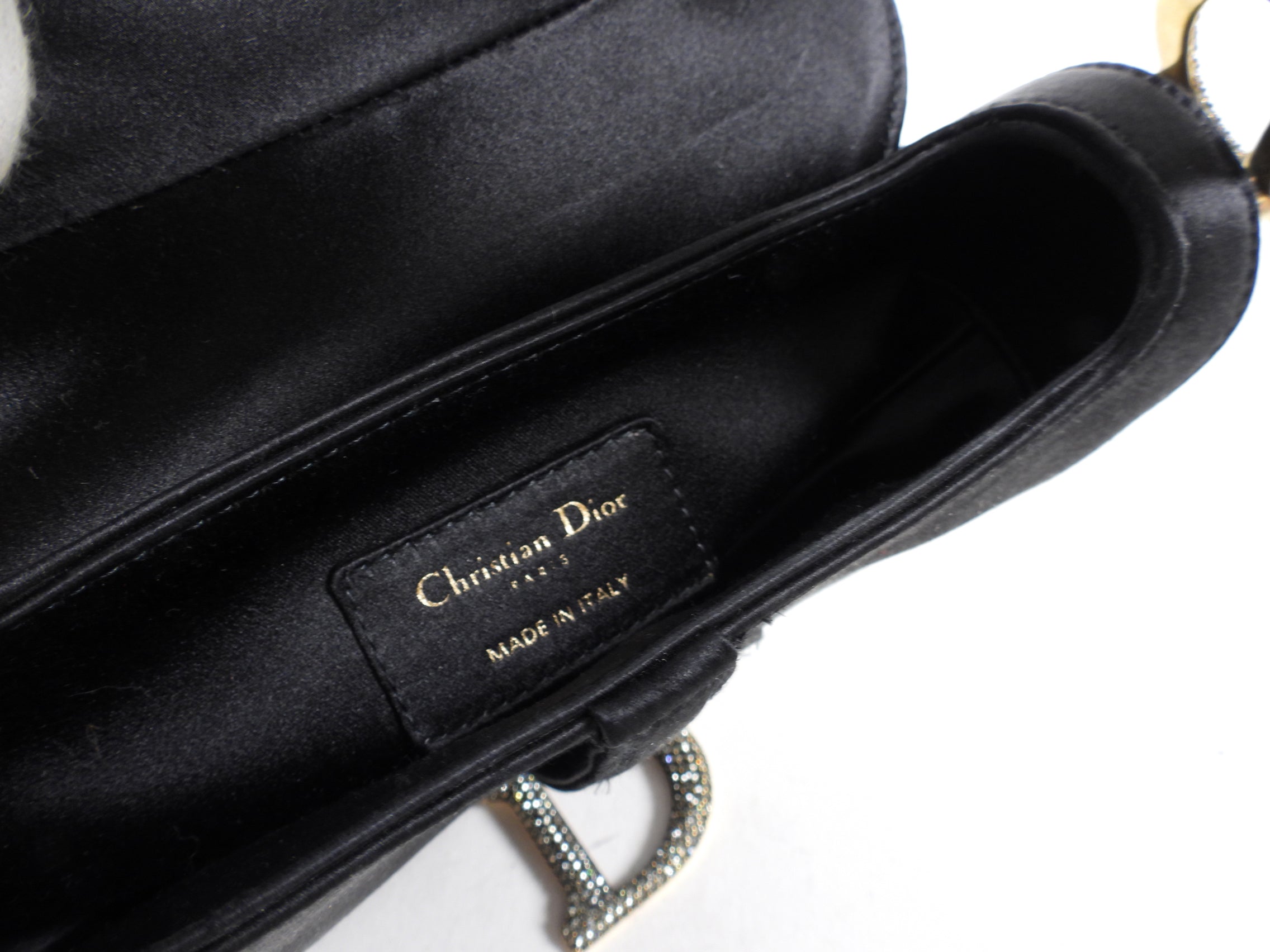 Christian Dior Black Satin Crystal Embellished Mini Saddle Bag - Luxury Crossbody Purse for Women, Perfect for Evening Parties & Special Occasions