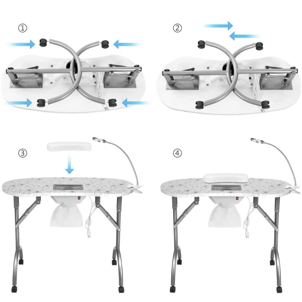 Foldable Portable Nail Art Station with Locking Wheels, Adjustable Lamp & Wrist Rest - Professional Manicure Table for Home Salon & Mobile Nail Technicians - Perfect for Nail Art, Gel Extensions & Pedicures