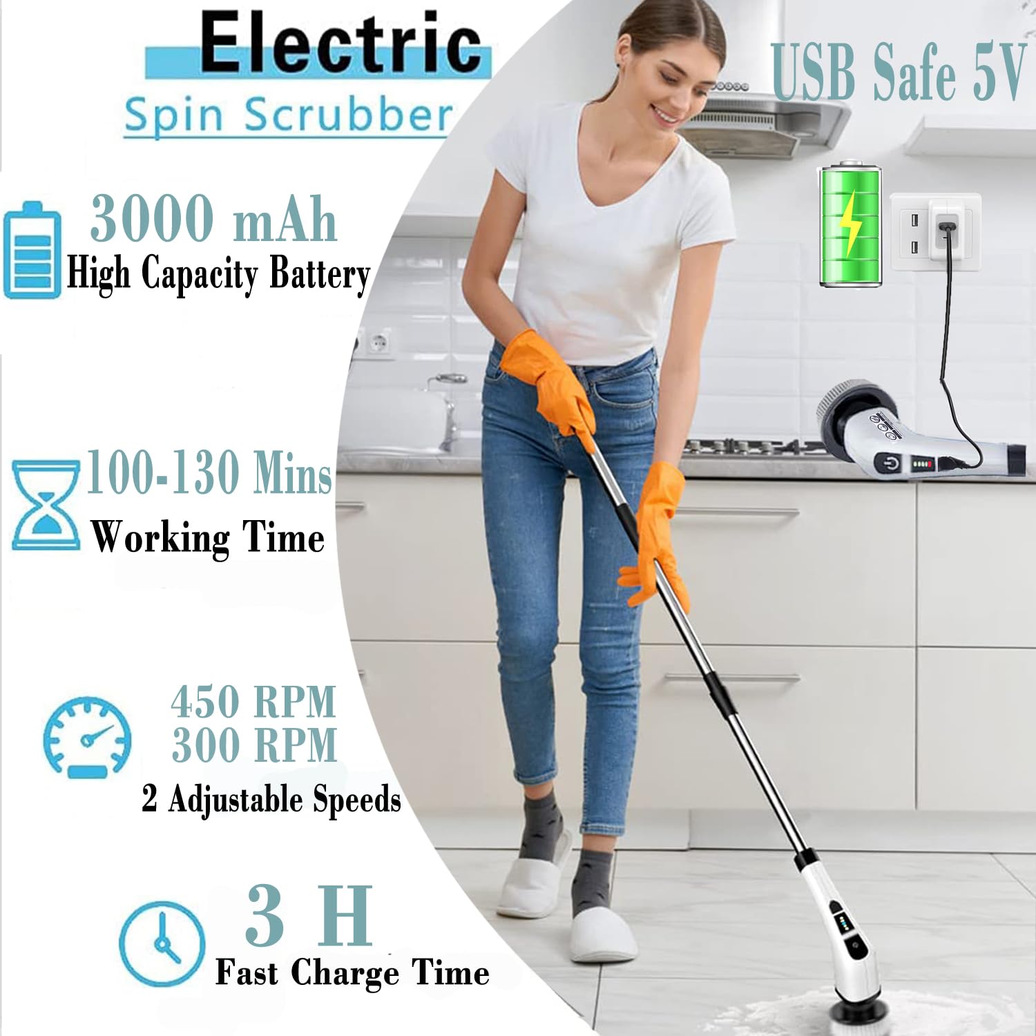 Electric Spin Scrubber - Cordless Cleaning Brush with 9 Replaceable Brush Heads, 2 Speed Settings & Adjustable Handle | Powerful Shower, Bathroom & Kitchen Cleaner for Tile, Grout & Hard Surfaces | 2024 Upgrade Model for Deep Cleaning