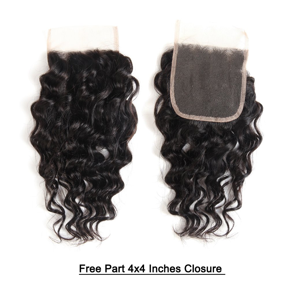 UDU 9A Brazilian Virgin Human Hair Bundles with Closure - Water Wave Curly Hair Extensions, 100% Natural Black, 50g/Bundle (8 8 8+8Closure) for Stunning Beach Waves & Everyday Glamorous Look
