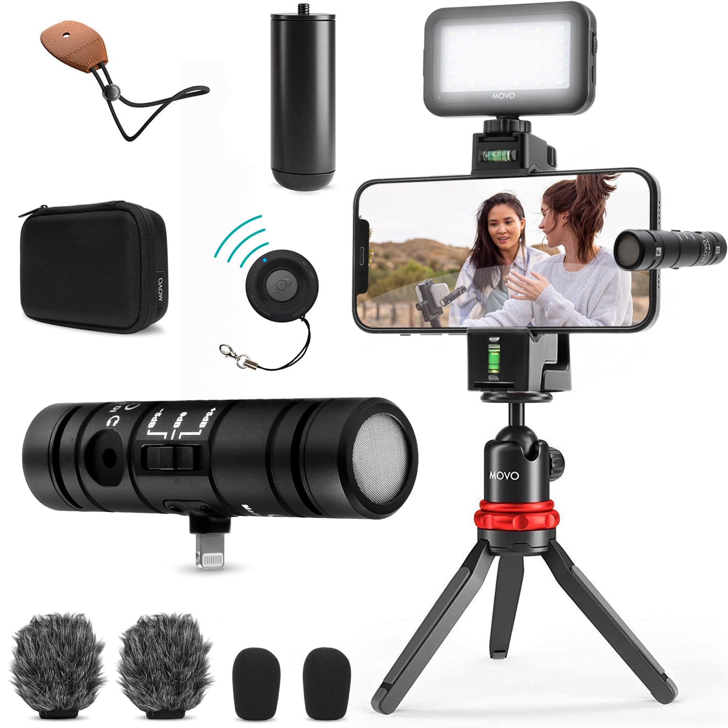 Movo iVlog iPhone Vlogging Kit with Dual Microphones, Adjustable Phone Mount, Compact Tripod & LED Light - Perfect for YouTube Creators, TikTok Videos, Podcasting & Live Streaming