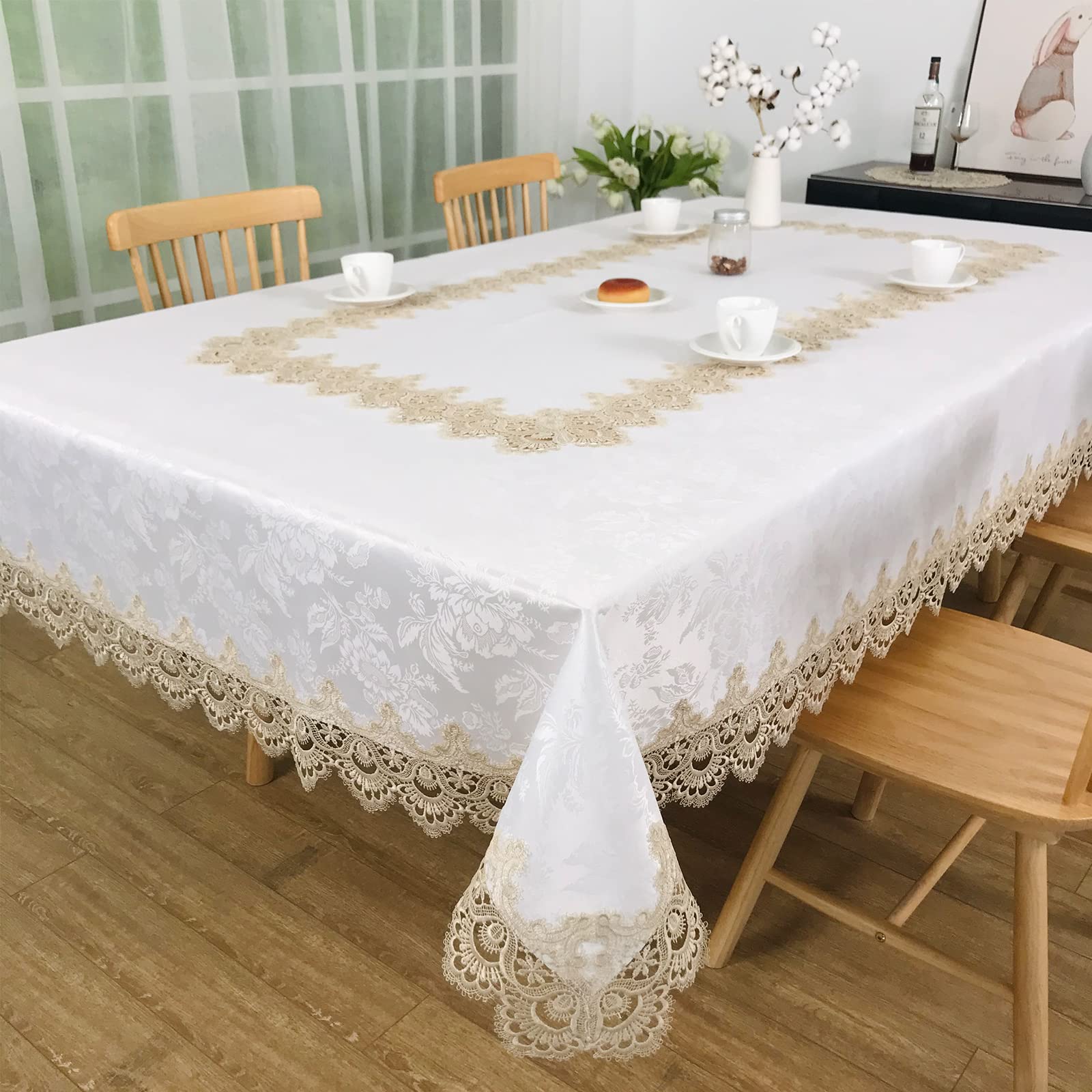 Beige Lace Tablecloth 72x126 Inches - Washable Rectangle Dining Table Cover for Home, Holiday Parties, Christmas, Thanksgiving, Weddings & Banquets | Elegant Kitchen Decor & Perfect for Formal Dinners, Buffets and Special Occasions