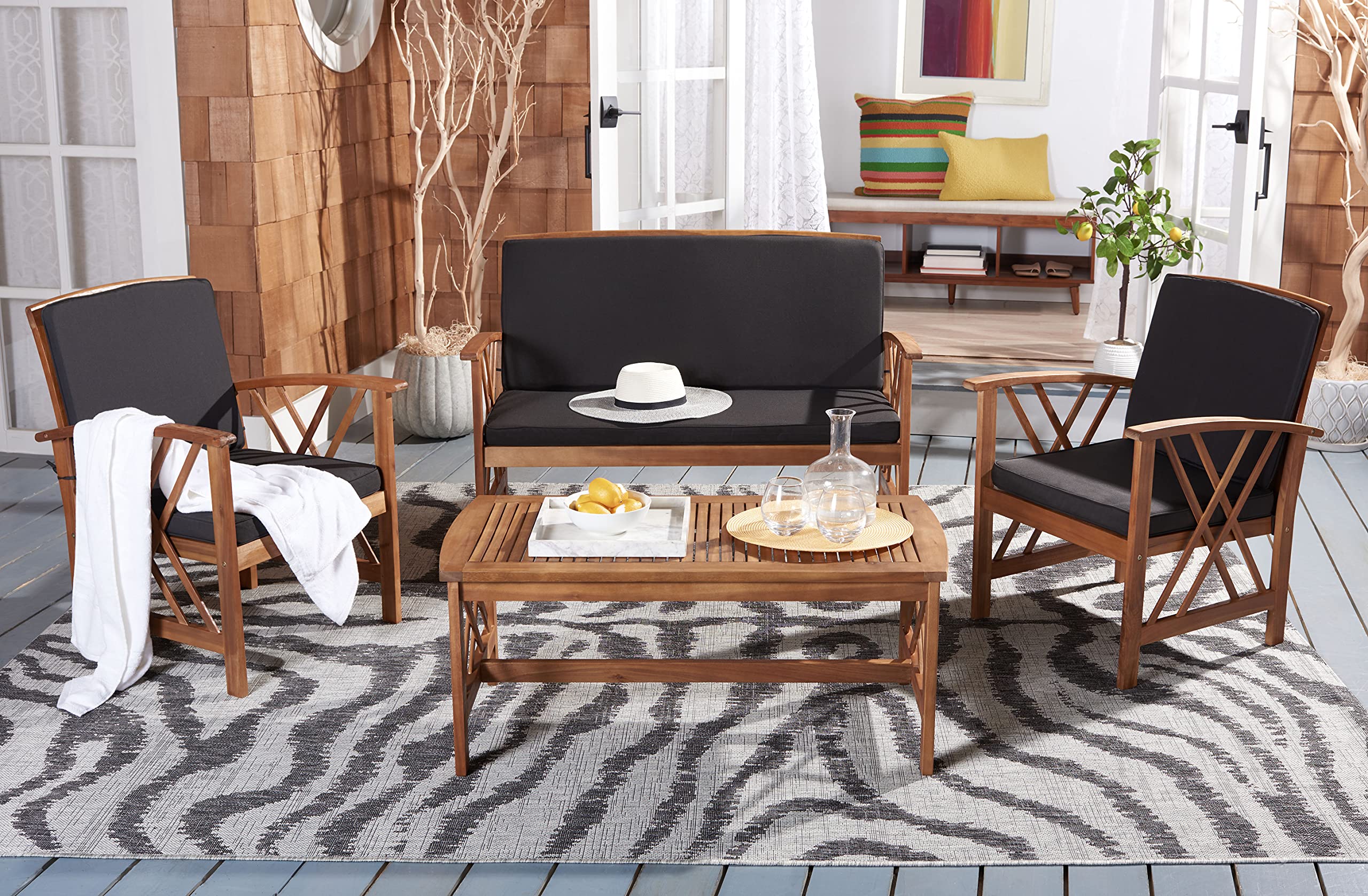 SAFAVIEH Outdoor Collection Fontana Natural/Black 4-Piece Patio Conversation Set - Water-Resistant Cushions for Backyard, Garden & Poolside Relaxation