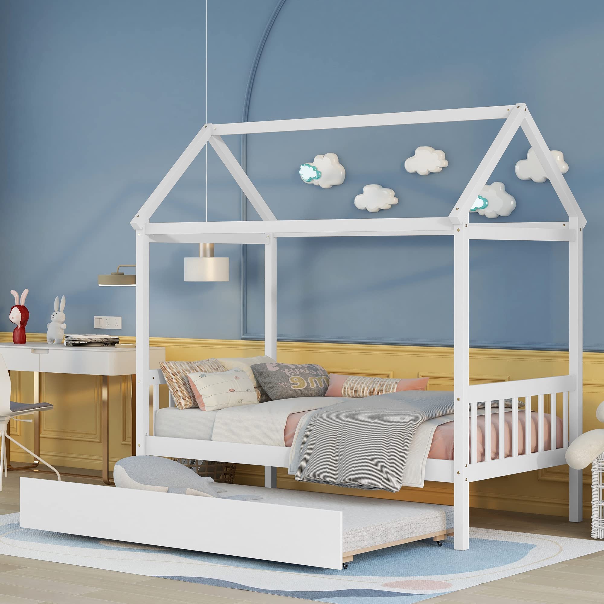 Bellemave Twin Size House Bed with Trundle - Wooden Platform Bed Frame for Kids, Girls & Boys - No Box Spring Needed - White - Perfect for Kids' Bedrooms, Playrooms & Nursery Decor