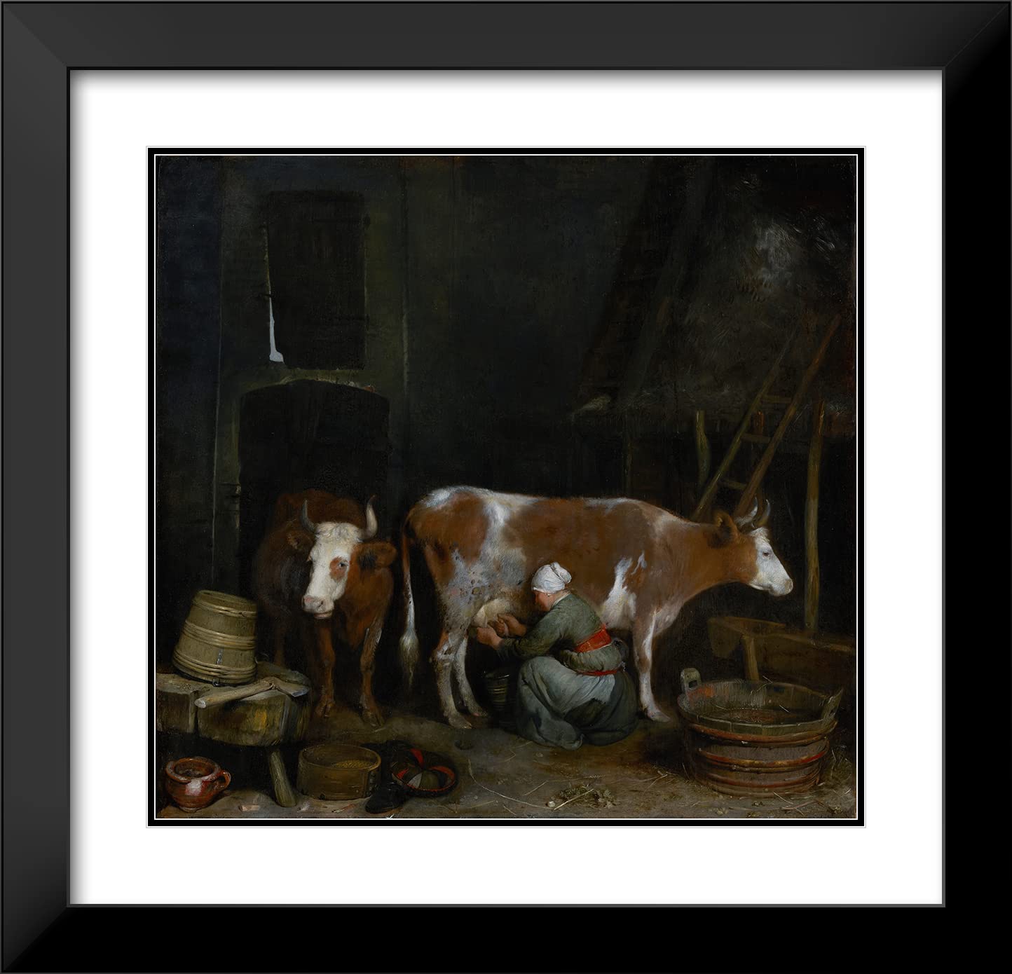 Gerard ter Borch 'A Maid Milking a Cow in a Barn' (1652-1654) - 21x20 Inch Black Modern Framed Museum Art Print with Double Matting | Wall Decor for Living Room, Bedroom & Office