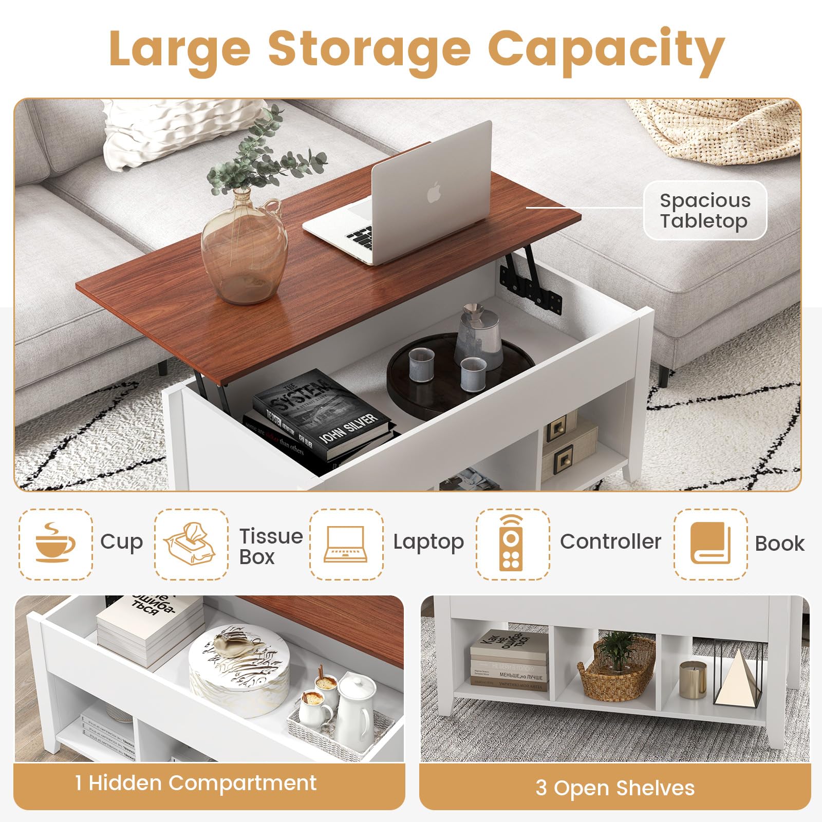 Lift Top Coffee Table with Hidden Storage Compartment & Display Shelves - Retro Style Living Room, Bedroom & Office Furniture - White & Brown Tea Dining Table for Small Spaces & Home Decor