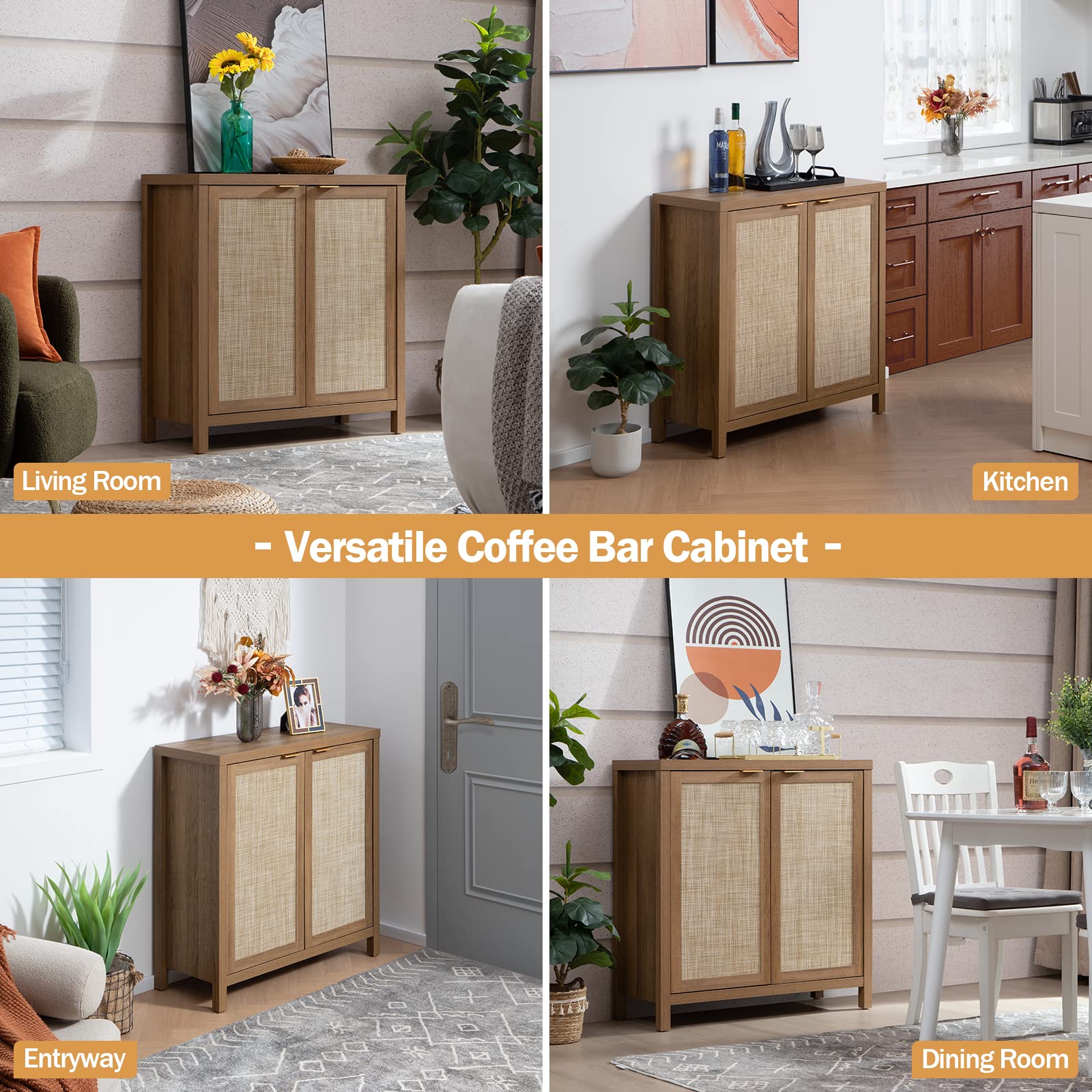 SICOTAS Sideboard Buffet Storage Cabinet - Large Boho Credenza with Rattan Doors - Farmhouse Coffee Bar Cabinet for Kitchen & Dining Room - Oak Wood Console Table - Perfect for Home Decor, Entertaining & Extra Storage